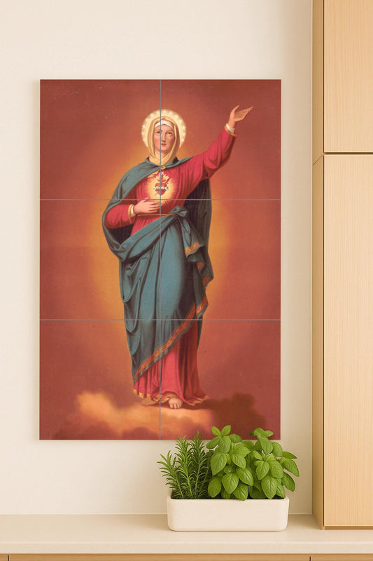 Immaculate Heart of Mary – Classic Style Ceramic Religious Mural / Sacred Christian Wall Art with Halo and Radiant Light