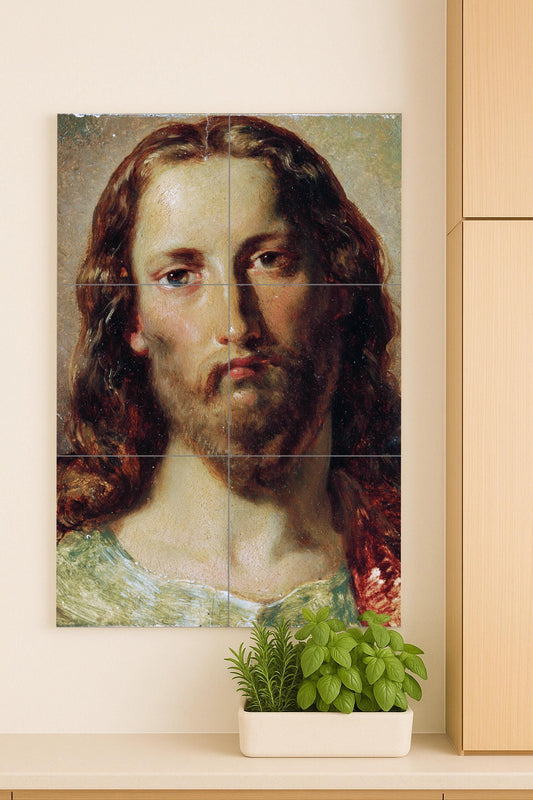 Face of Christ – Religious ceramic mural of Jesus in classical style / Sacred Christian mural art with serene expression and soft light