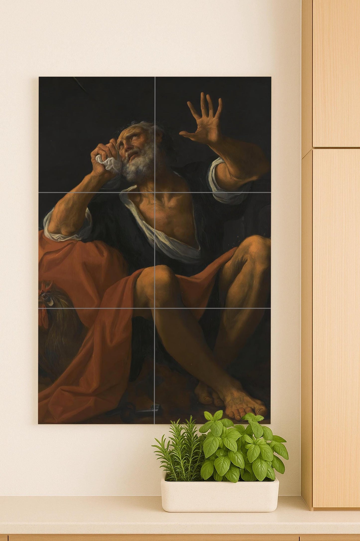 Saint Peter the Penitent – Religious ceramic mural with rooster and keys / Baroque Christian mural art inspired by sacred painting