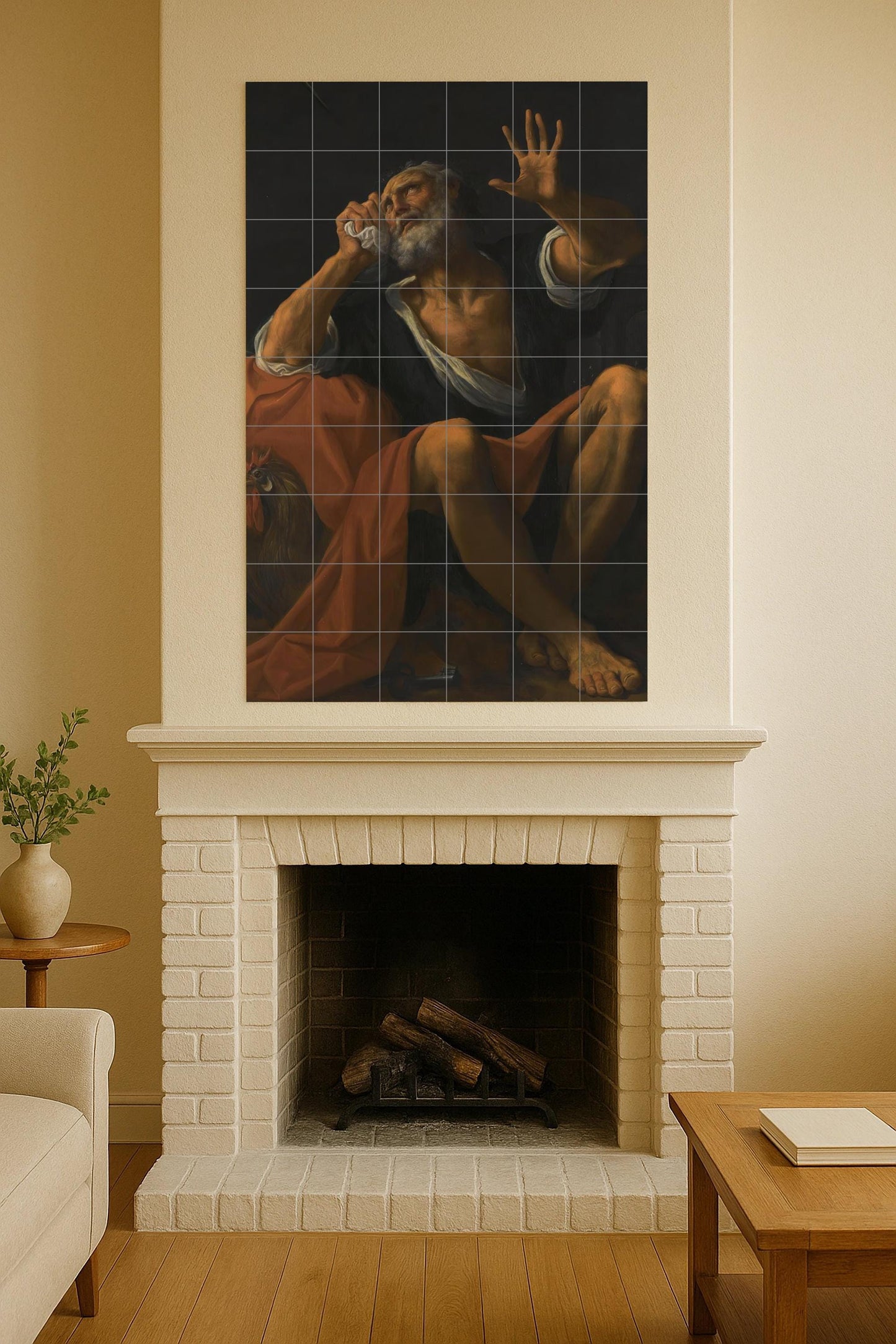 Saint Peter the Penitent – Religious ceramic mural with rooster and keys / Baroque Christian mural art inspired by sacred painting