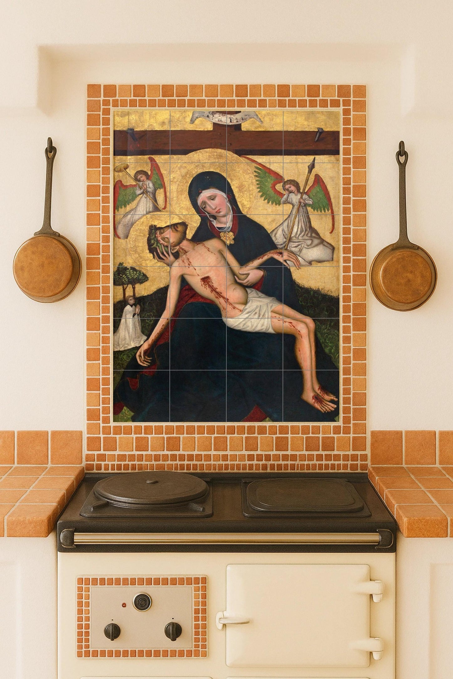 Pietà with Angels – Gothic religious ceramic mural with gold leaf background and sacred symbolism