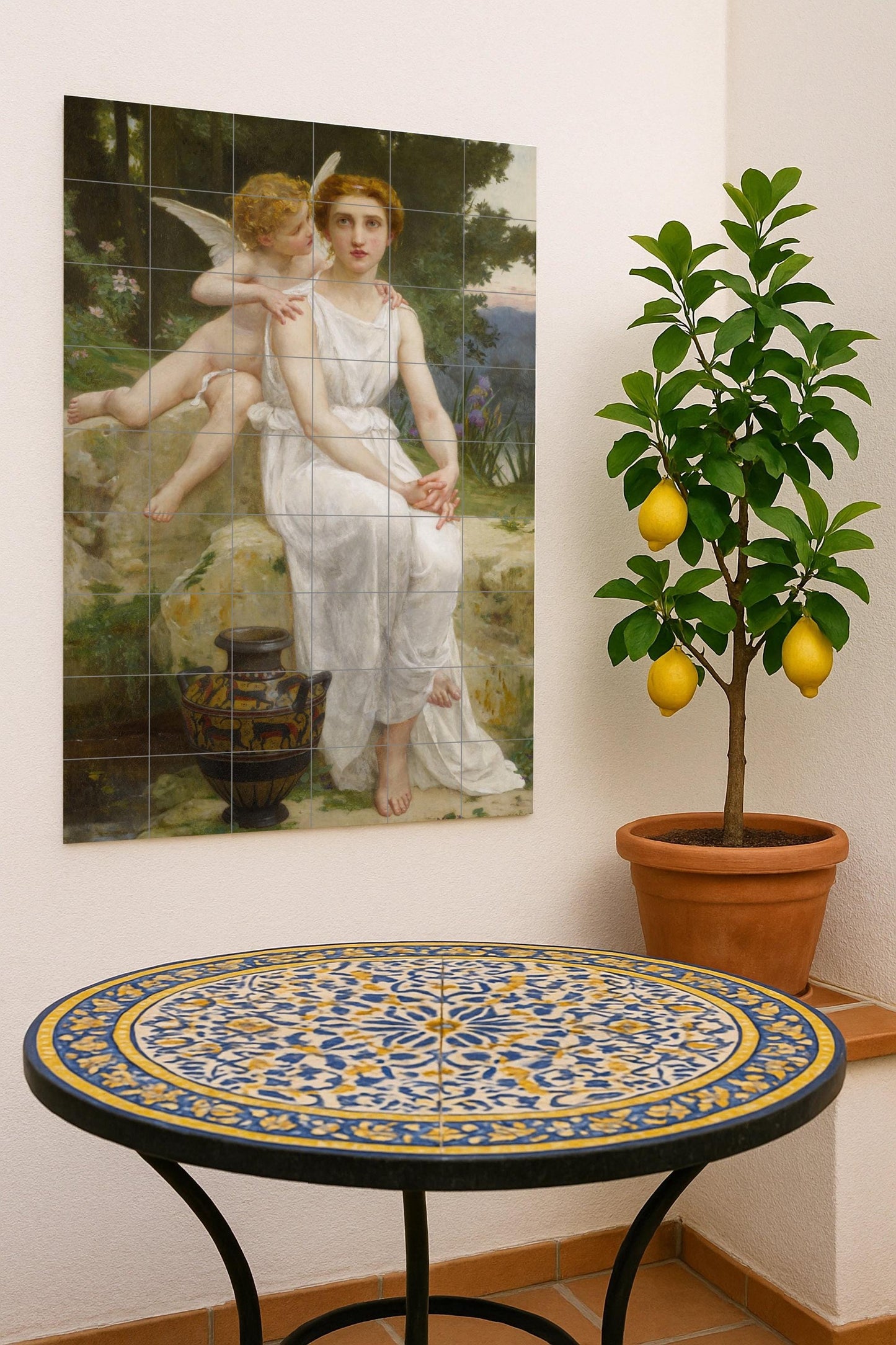 Whispers of innocence and the eternal grace of love: ceramic mural depicting a classic scene of serenity and tender affection.