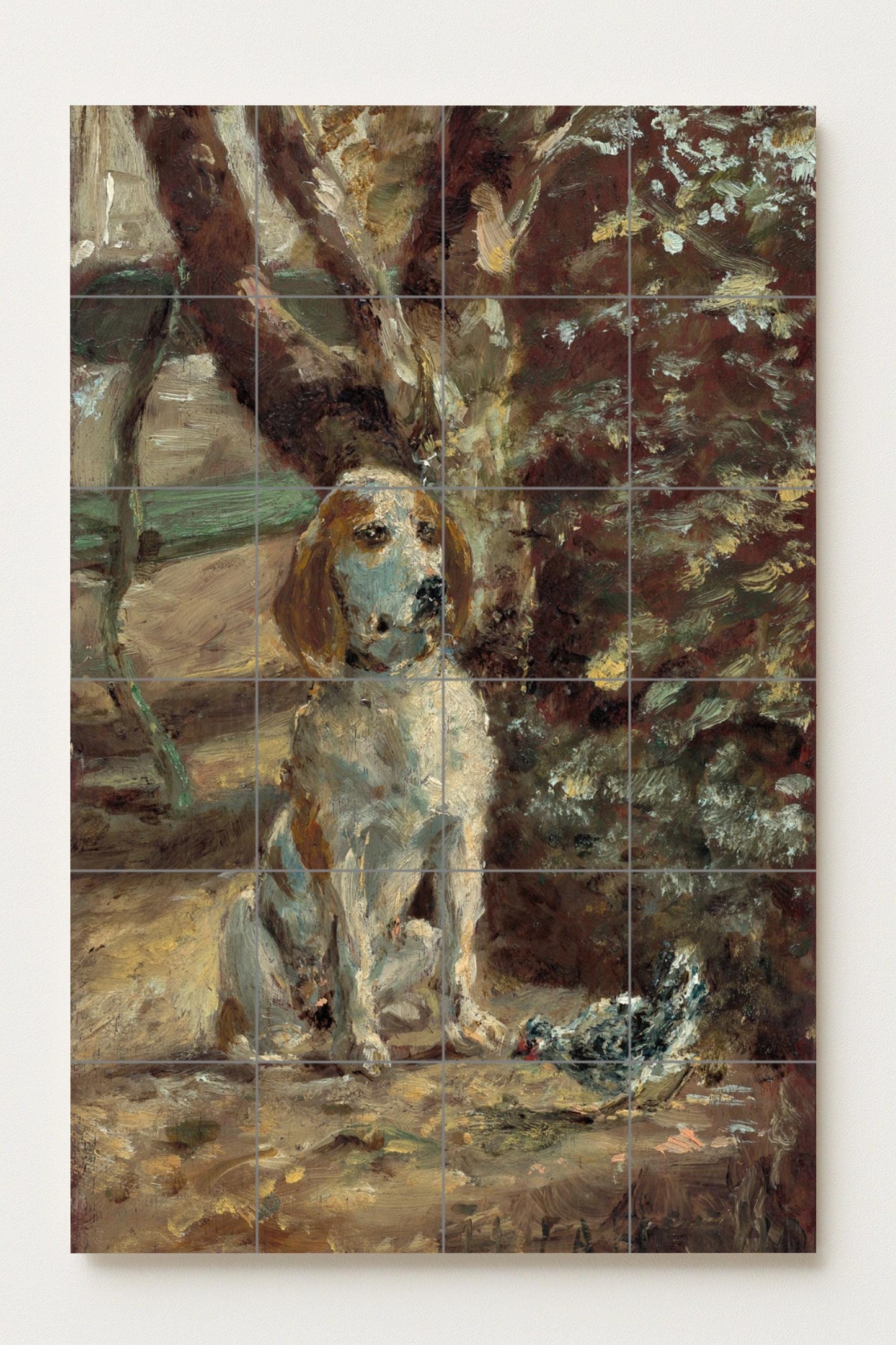 Dog and bird: ceramic mural depicting a peaceful outdoor scene in Impressionist style