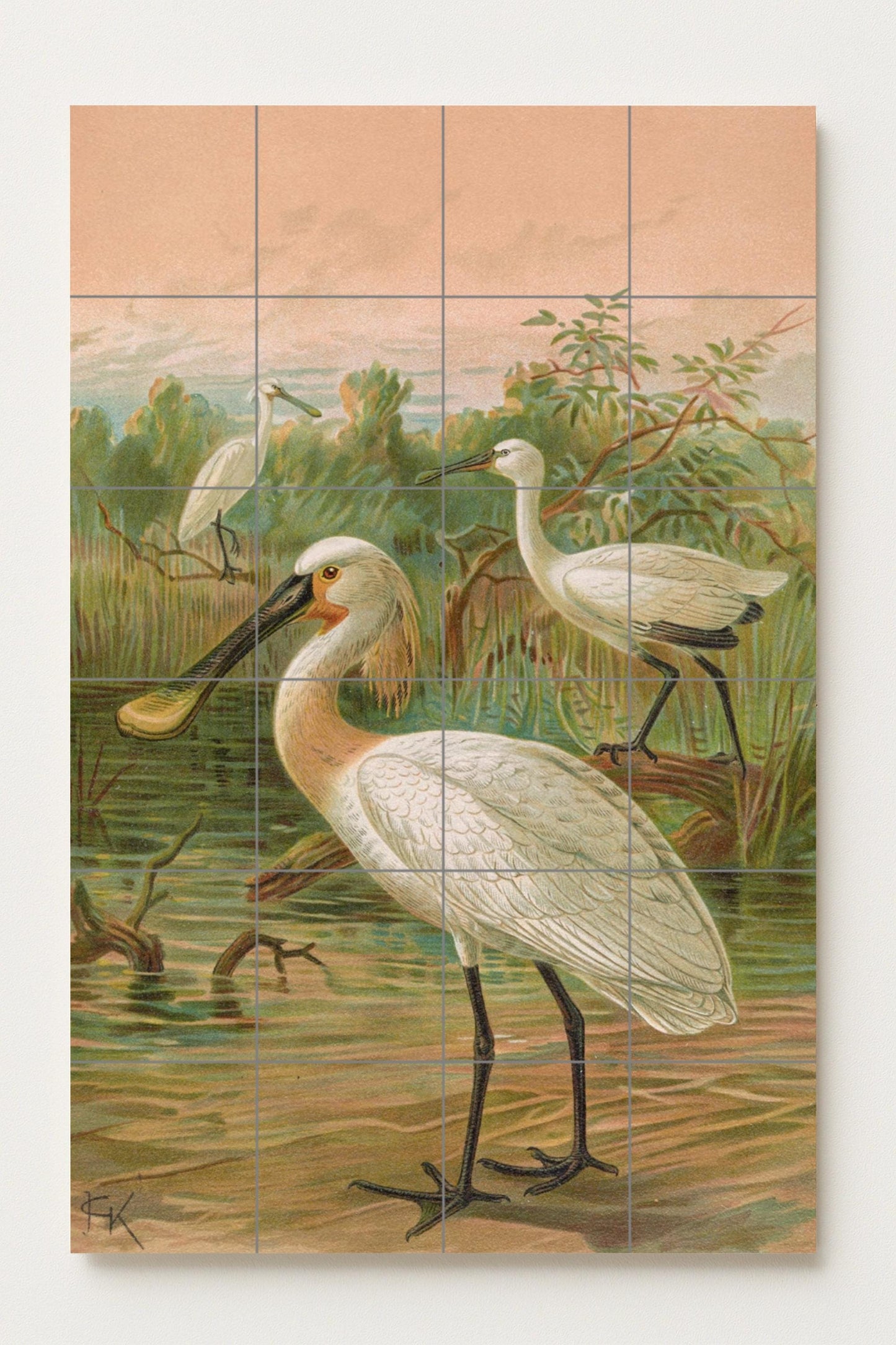 Spoonbills at dawn: Ceramic mural depicting elegant birds in a serene wetland landscape