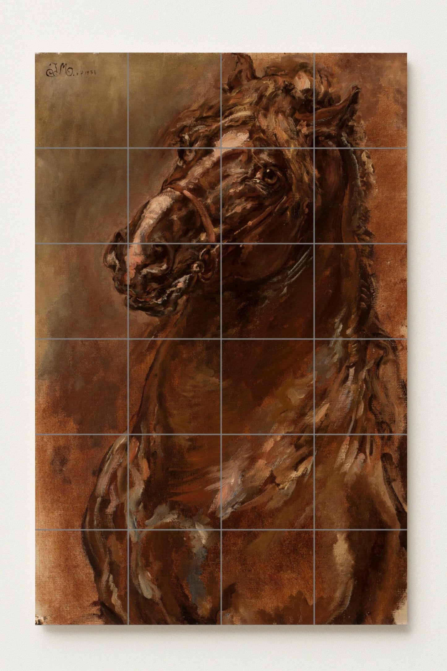 Horse Study: Dynamic ceramic mural depicting a powerful equine portrait in earth tones