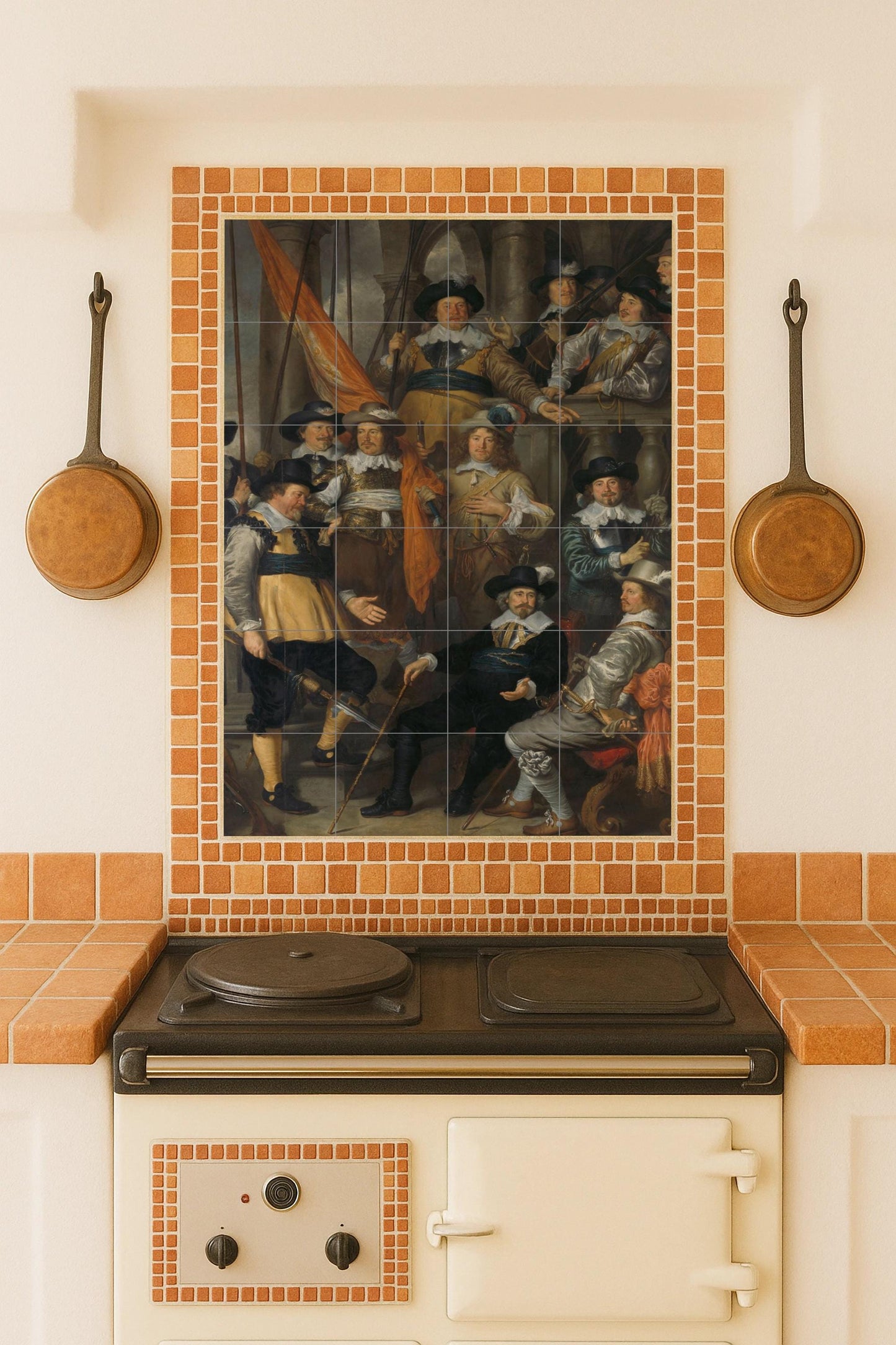 The militia gathering: Dutch Baroque ceramic mural with Golden Age details and historical grandeur
