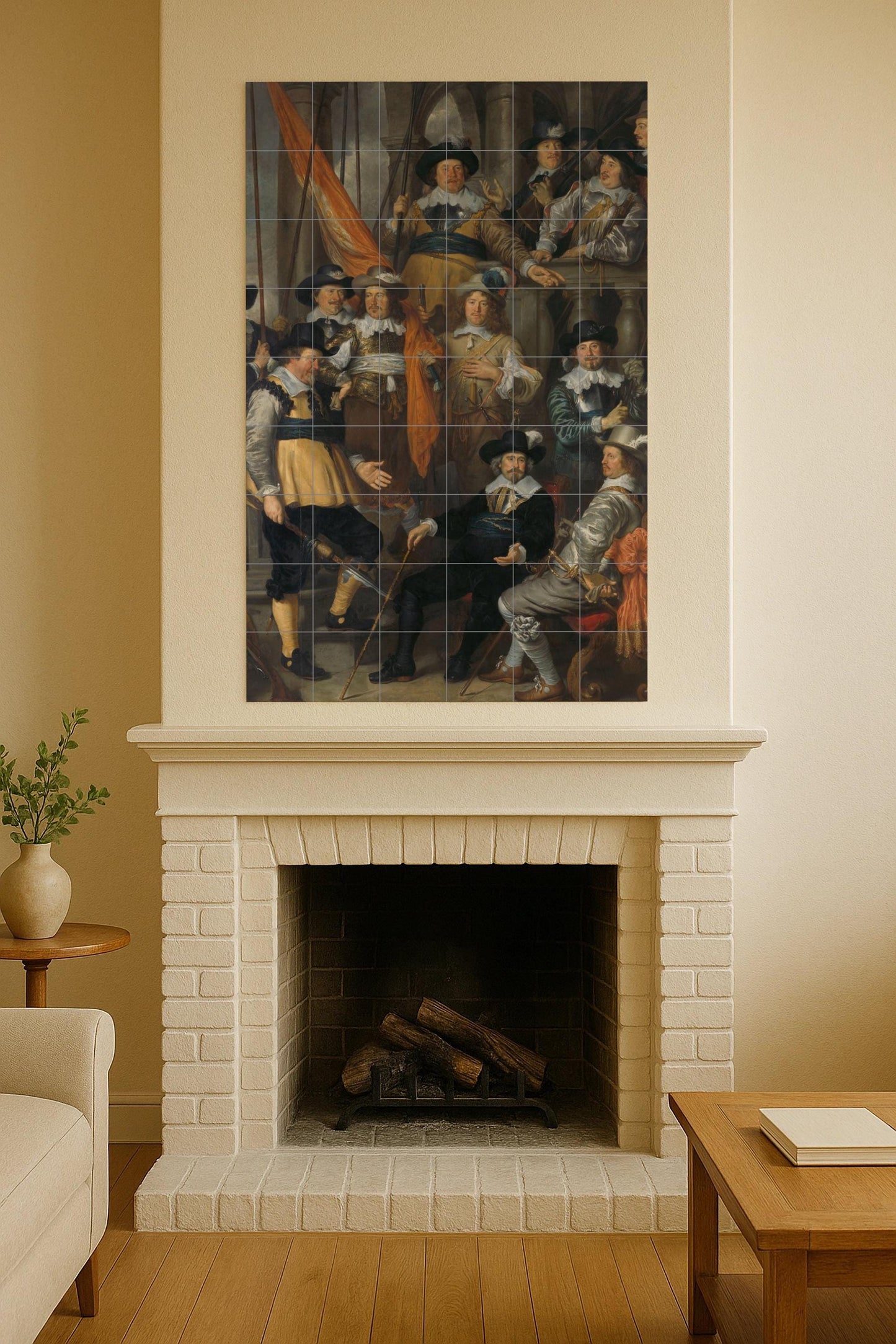 The militia gathering: Dutch Baroque ceramic mural with Golden Age details and historical grandeur