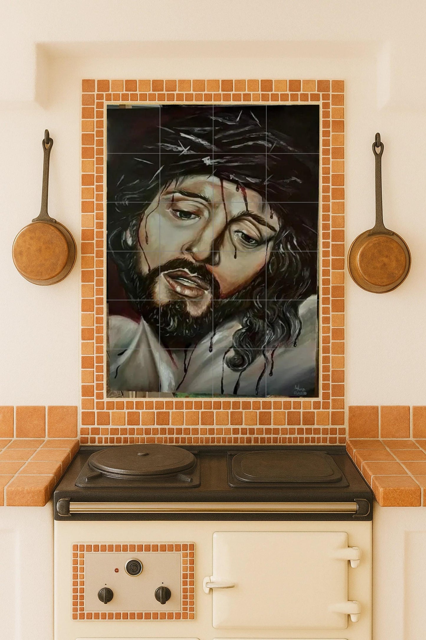Christ crowned with thorns: contemporary religious ceramic mural of profound expression and sacred emotional realism
