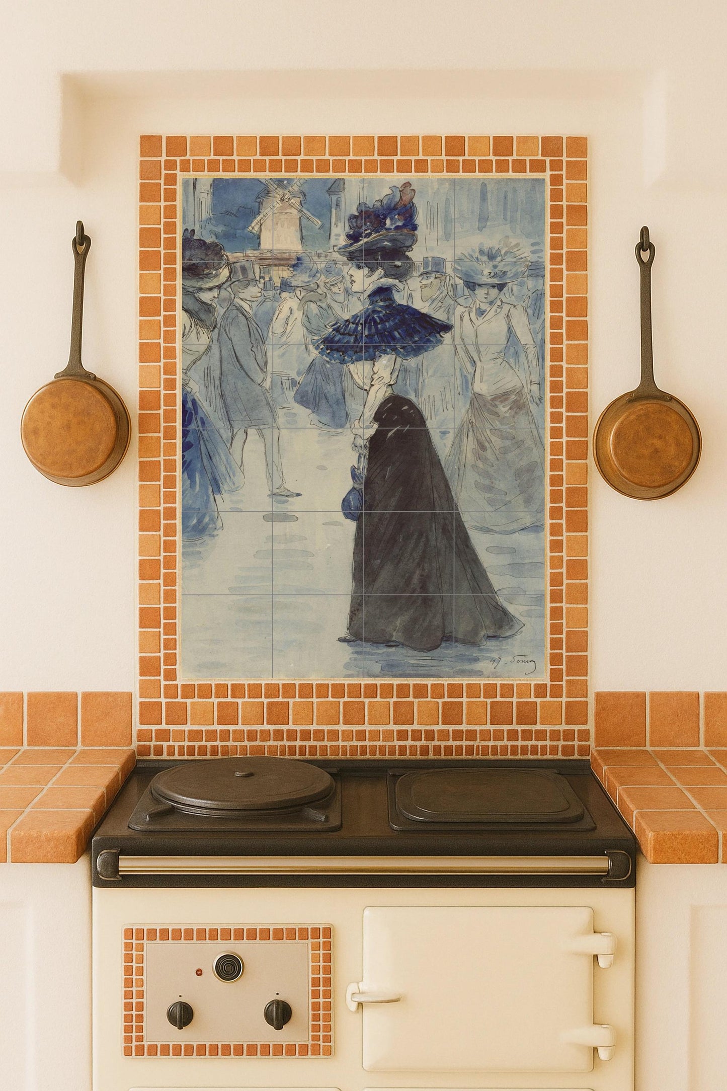 Parisian Lady at the Moulin Rouge – Ceramic mural of Henri de Toulouse-Lautrec's Belle Époque masterpiece in blue and ink