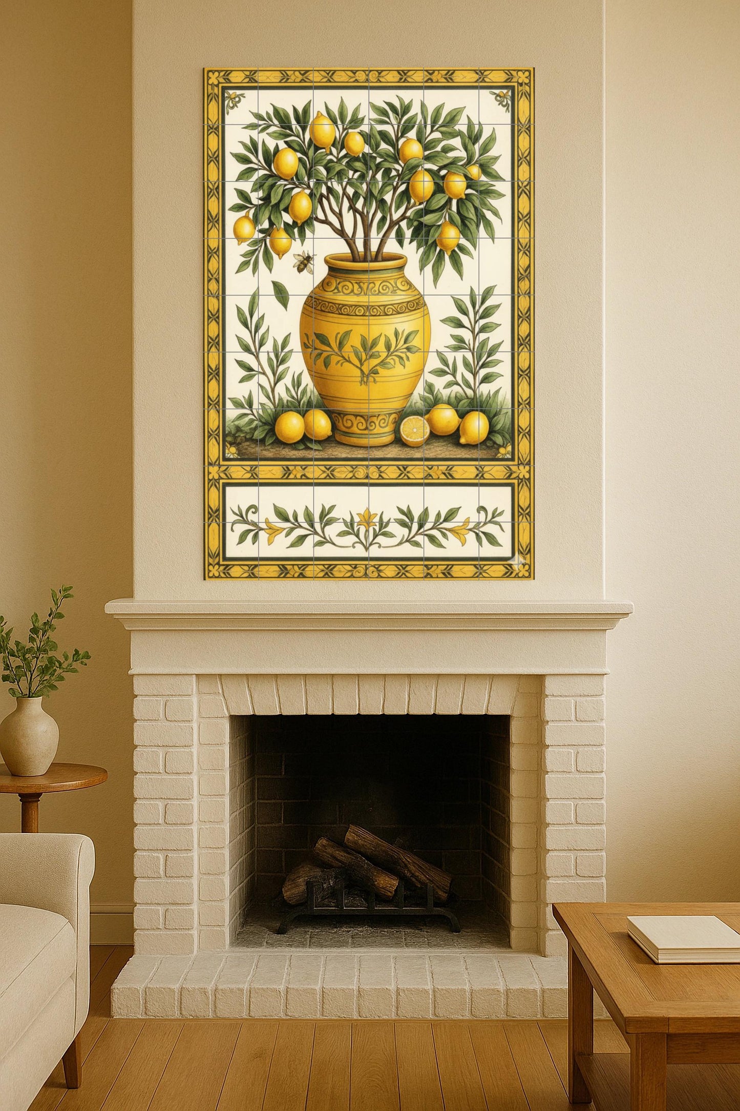Lemon tree in ornamental vase: Mediterranean ceramic mural with golden details and botanical elegance