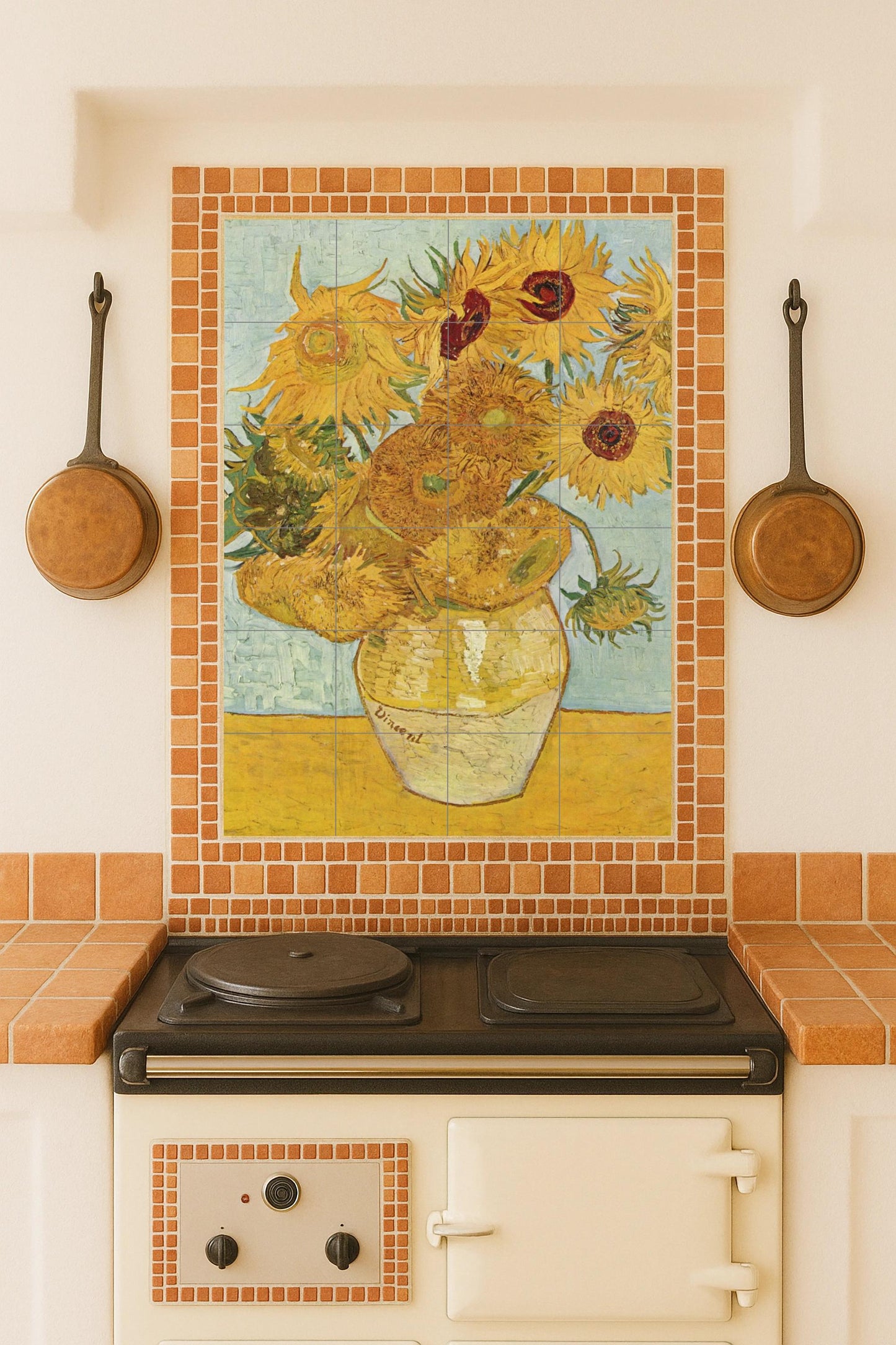 Sunflowers in a golden vase: masterful ceramic wall reproduction of Van Gogh's iconic painting, textured artistic wall decoration.