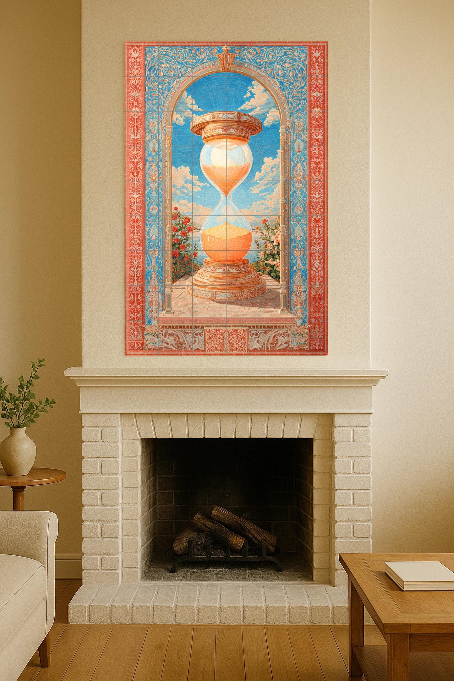 Hourglass of Light – Timeless ceramic mural with golden sand, floral arch and sky blue mosaic background