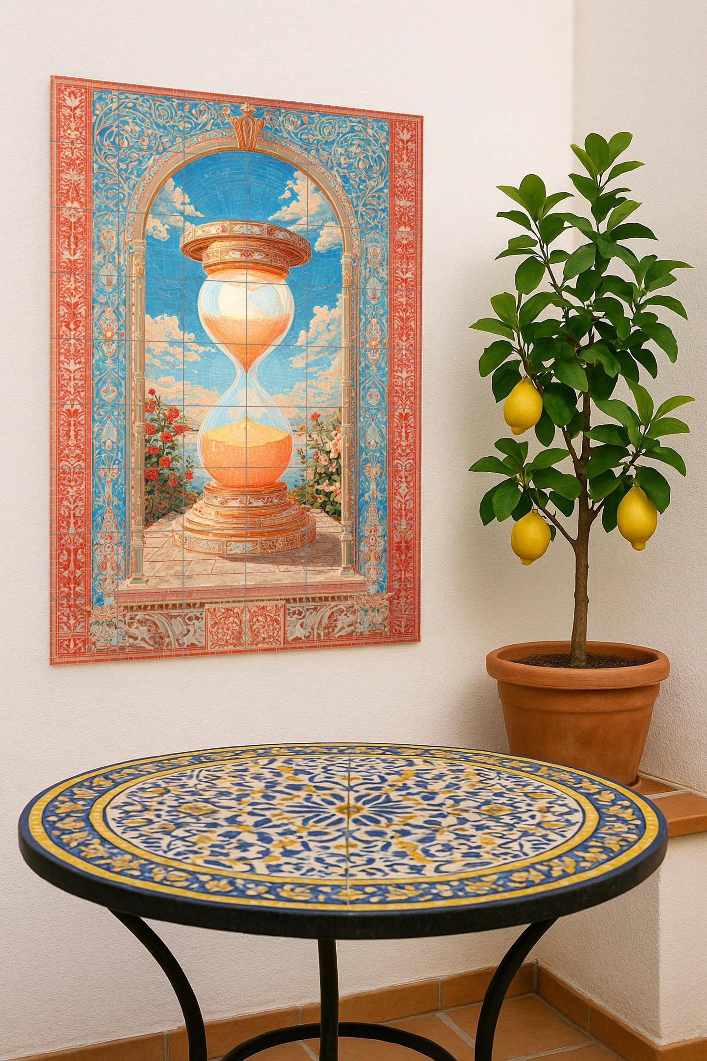 Hourglass of Light – Timeless ceramic mural with golden sand, floral arch and sky blue mosaic background