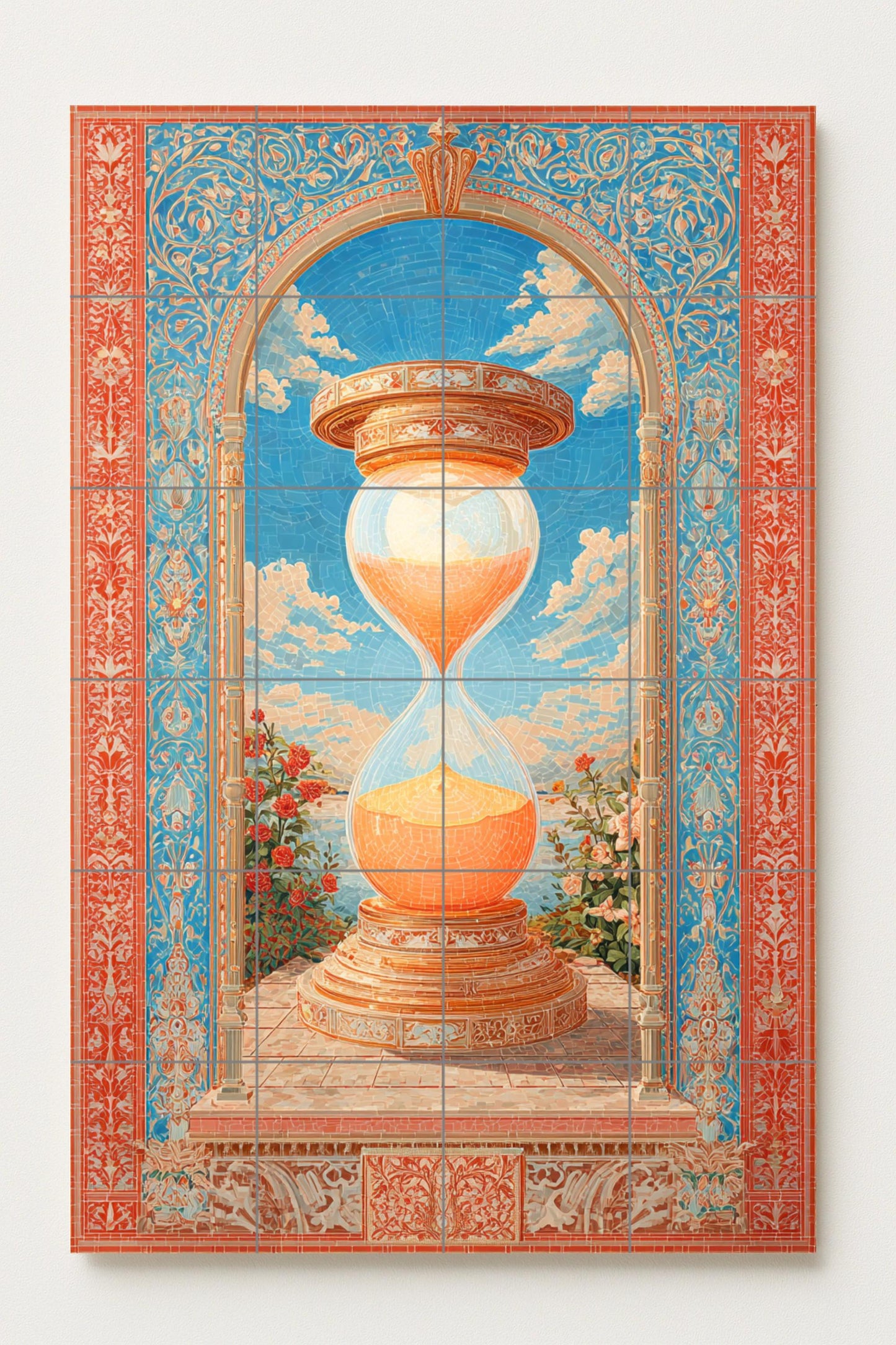 Hourglass of Light – Timeless ceramic mural with golden sand, floral arch and sky blue mosaic background