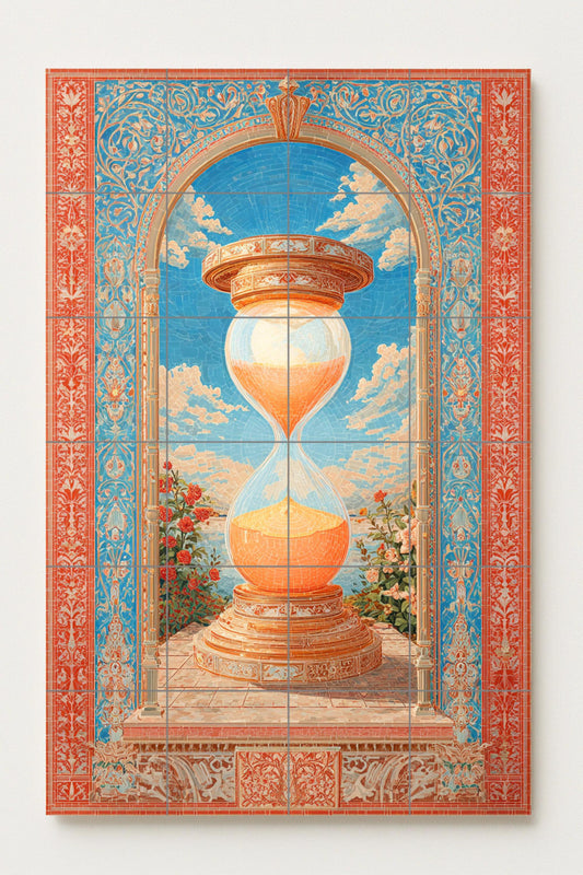 Hourglass of Light – Timeless ceramic mural with golden sand, floral arch and sky blue mosaic background