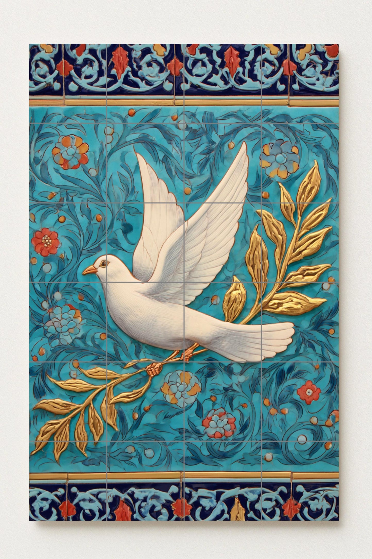 White Dove of Peace with Golden Olive Branch – Symbolic ceramic mural in turquoise and blue floral relief, Mediterranean artisan design