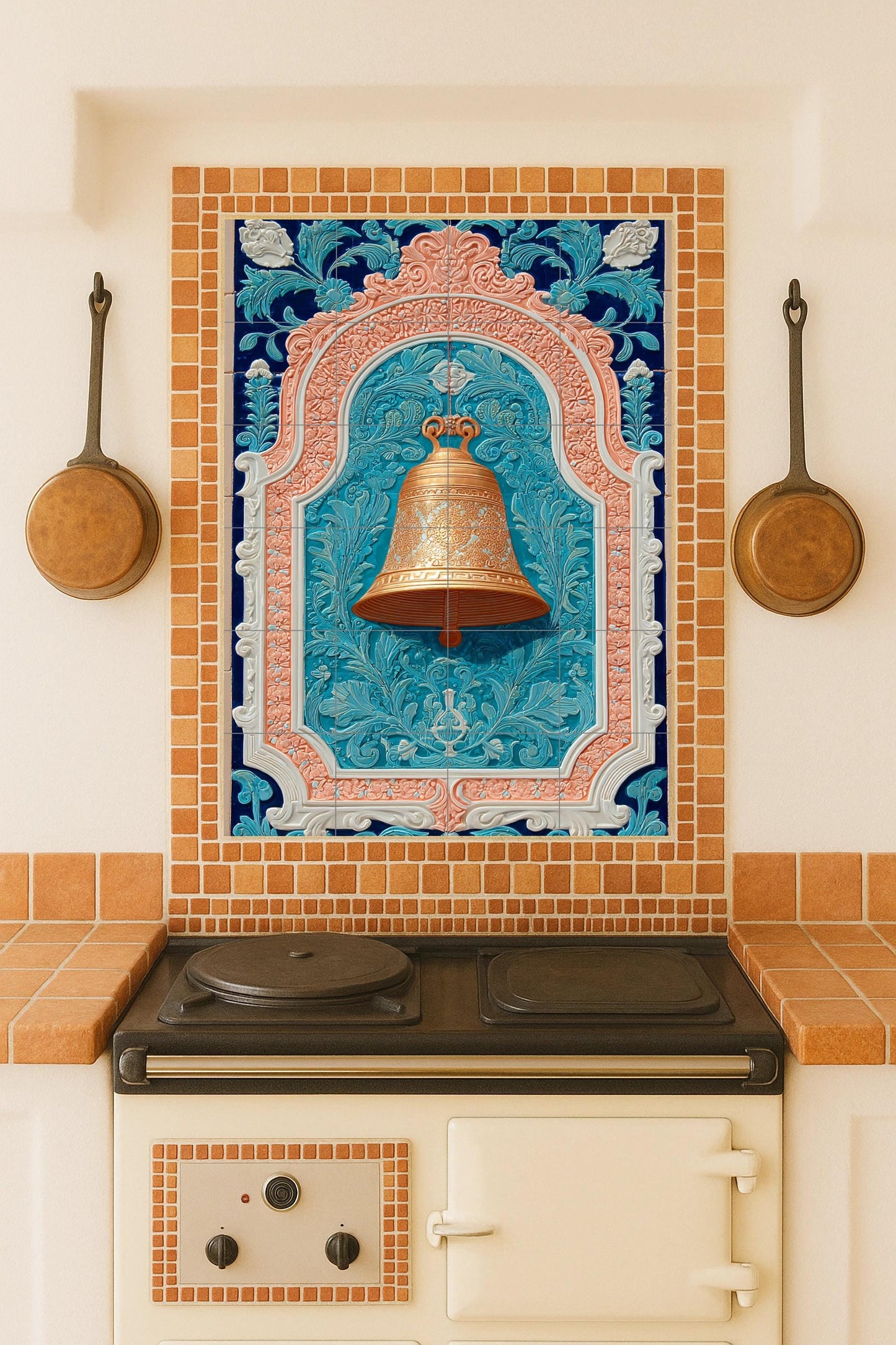 Golden Bell in Ornamental Arch: Exquisite Decorative Ceramic Mural with Floral Motifs and Classic Elegance