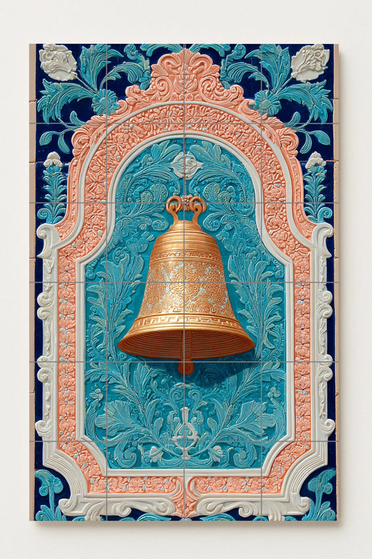 Golden Bell in Ornamental Arch: Exquisite Decorative Ceramic Mural with Floral Motifs and Classic Elegance
