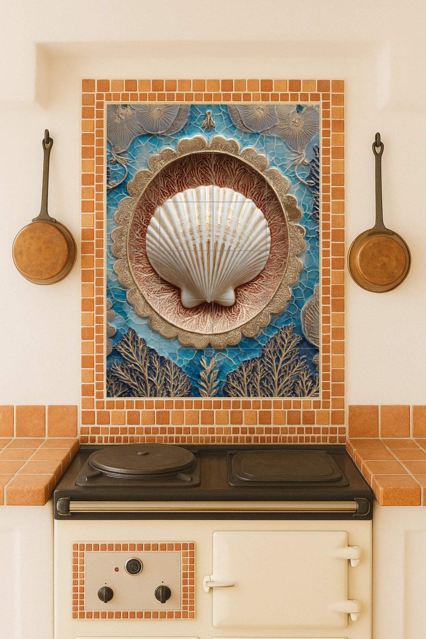Harmony of golden shells and corals: elegant ocean-inspired ceramic mural with textured blue glaze and embossed ornamental art.