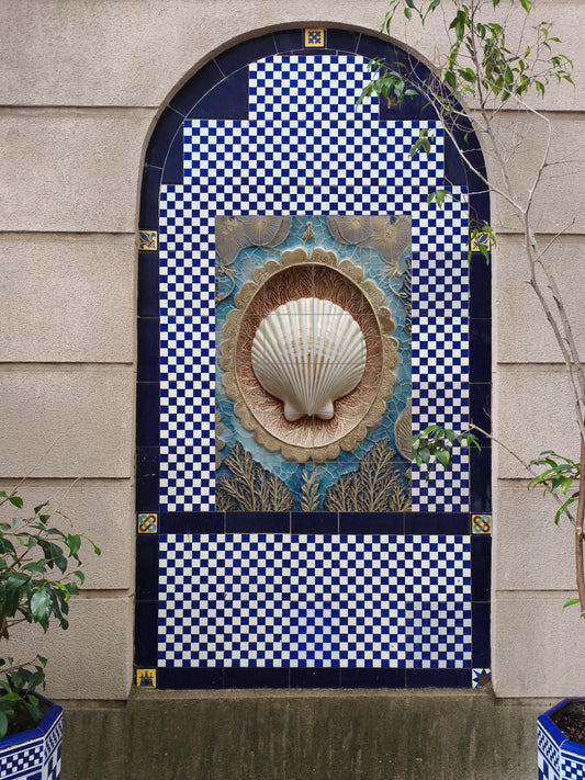 Harmony of golden shells and corals: elegant ocean-inspired ceramic mural with textured blue glaze and embossed ornamental art.