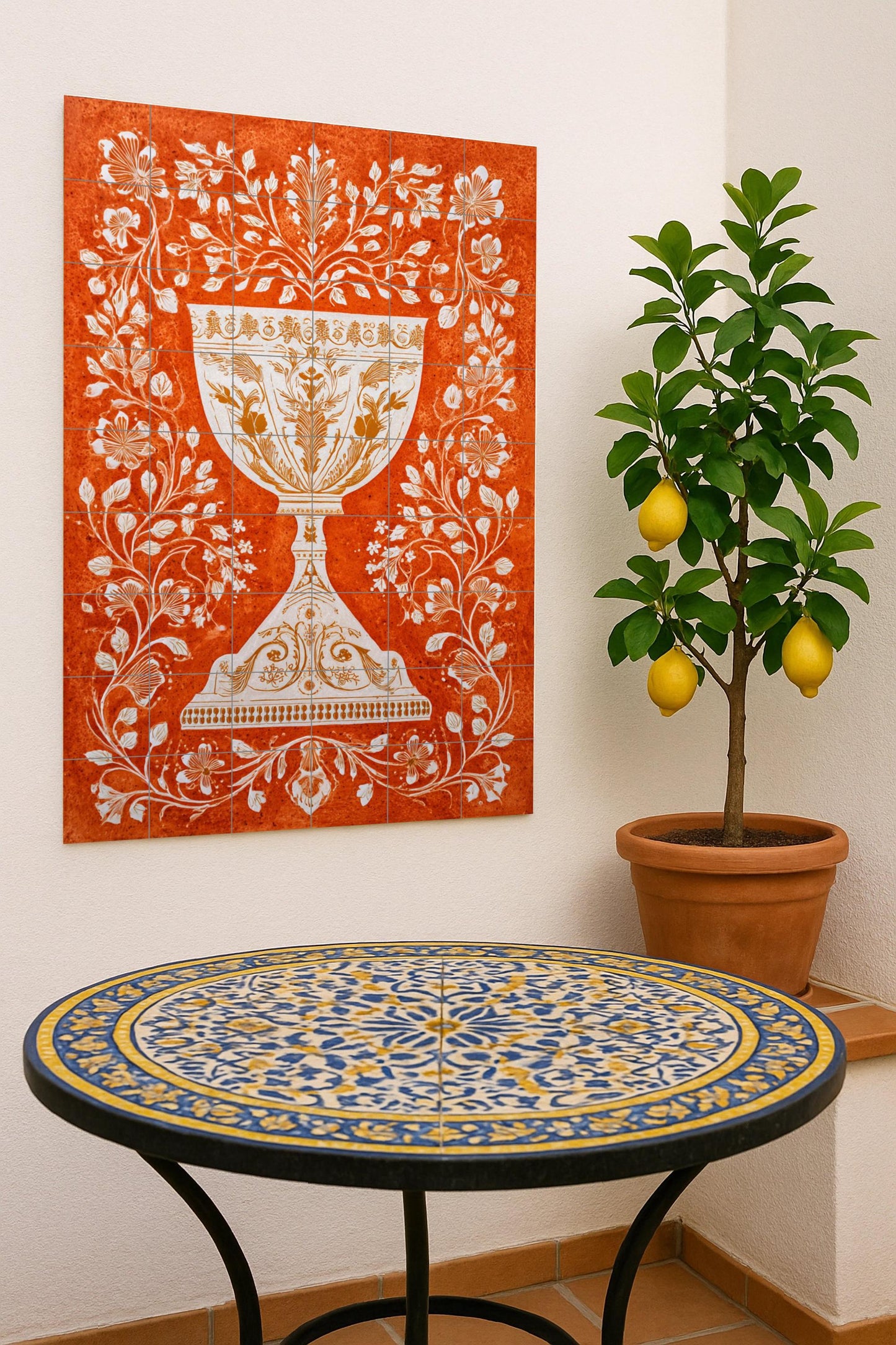 Golden Chalice – Ornamental ceramic mural with floral scrolls, baroque elegance, terracotta and white contrast, artistic wall piece