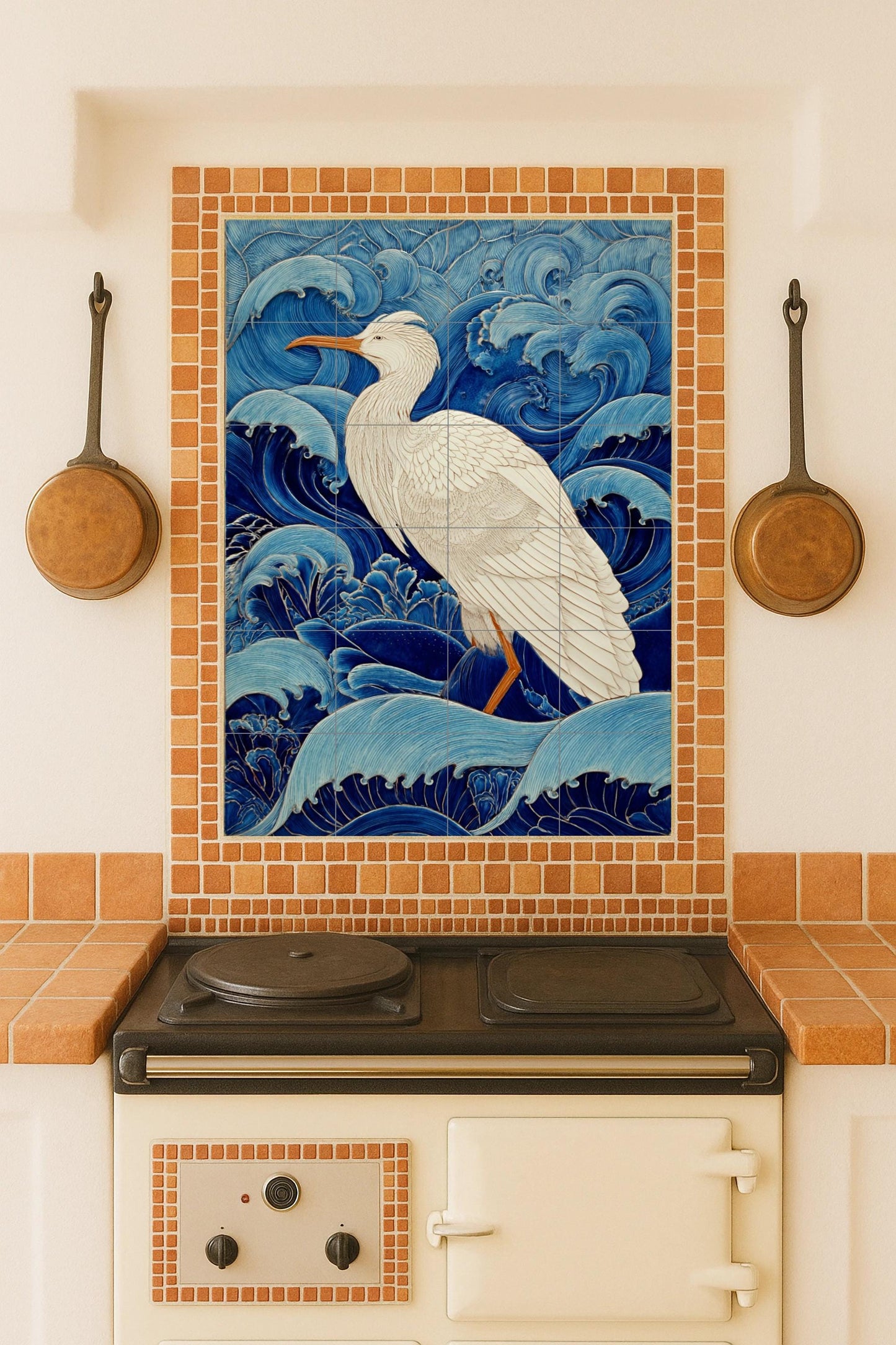 White Heron Among the Waves – Ceramic Mural of the Grace of the Ocean, Blue and Ivory Tones, Maritime Art with Fluid Movement and Elegant Details