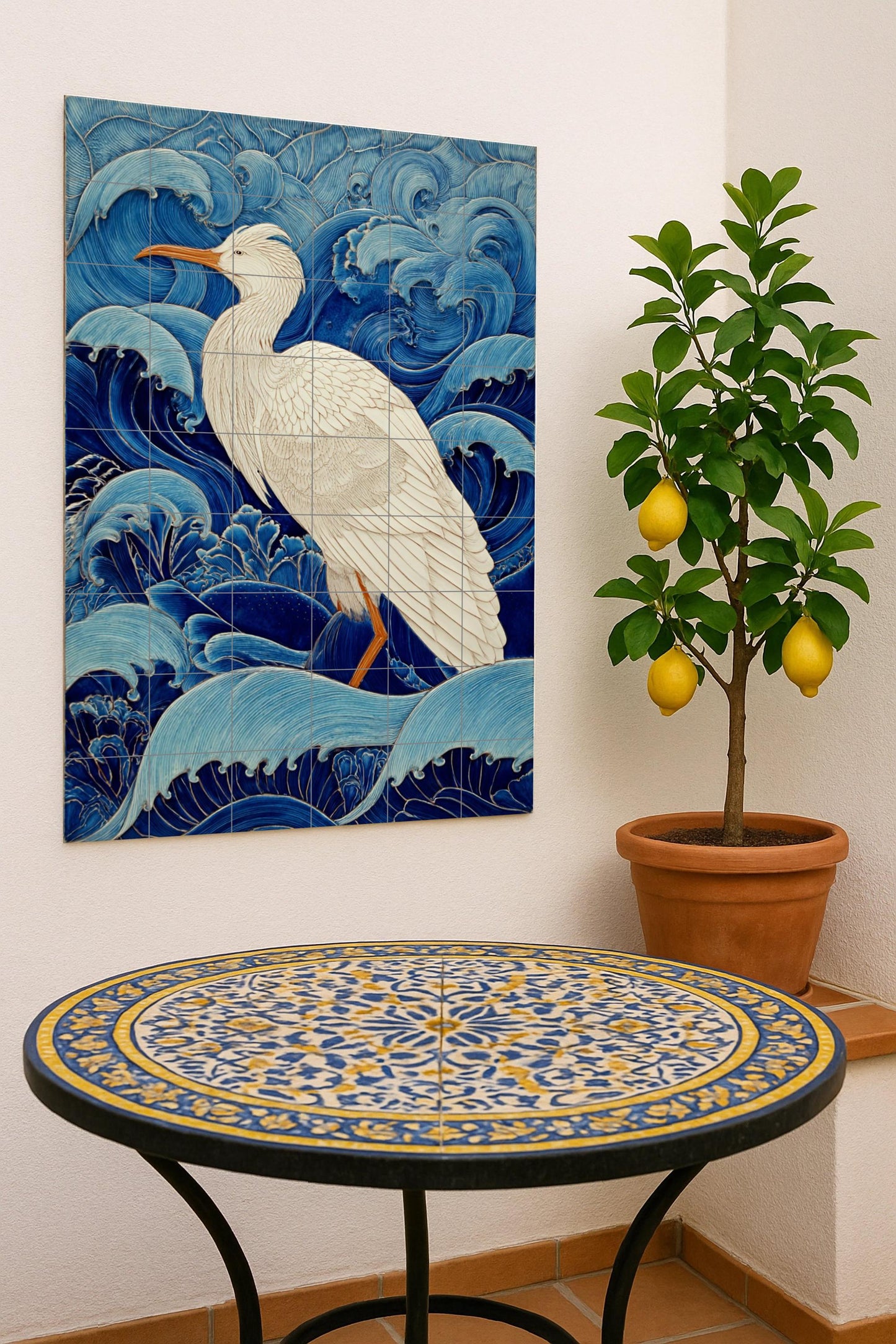 White Heron Among the Waves – Ceramic Mural of the Grace of the Ocean, Blue and Ivory Tones, Maritime Art with Fluid Movement and Elegant Details