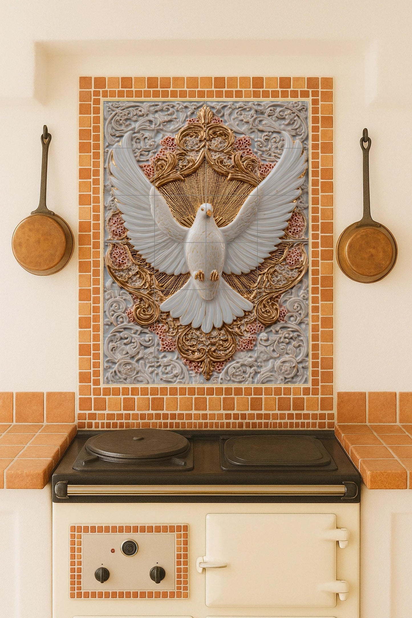 White Dove of Purity – Refined ceramic mural with gilded reliefs, symbol of peace and grace, Baroque-inspired decorative wall art