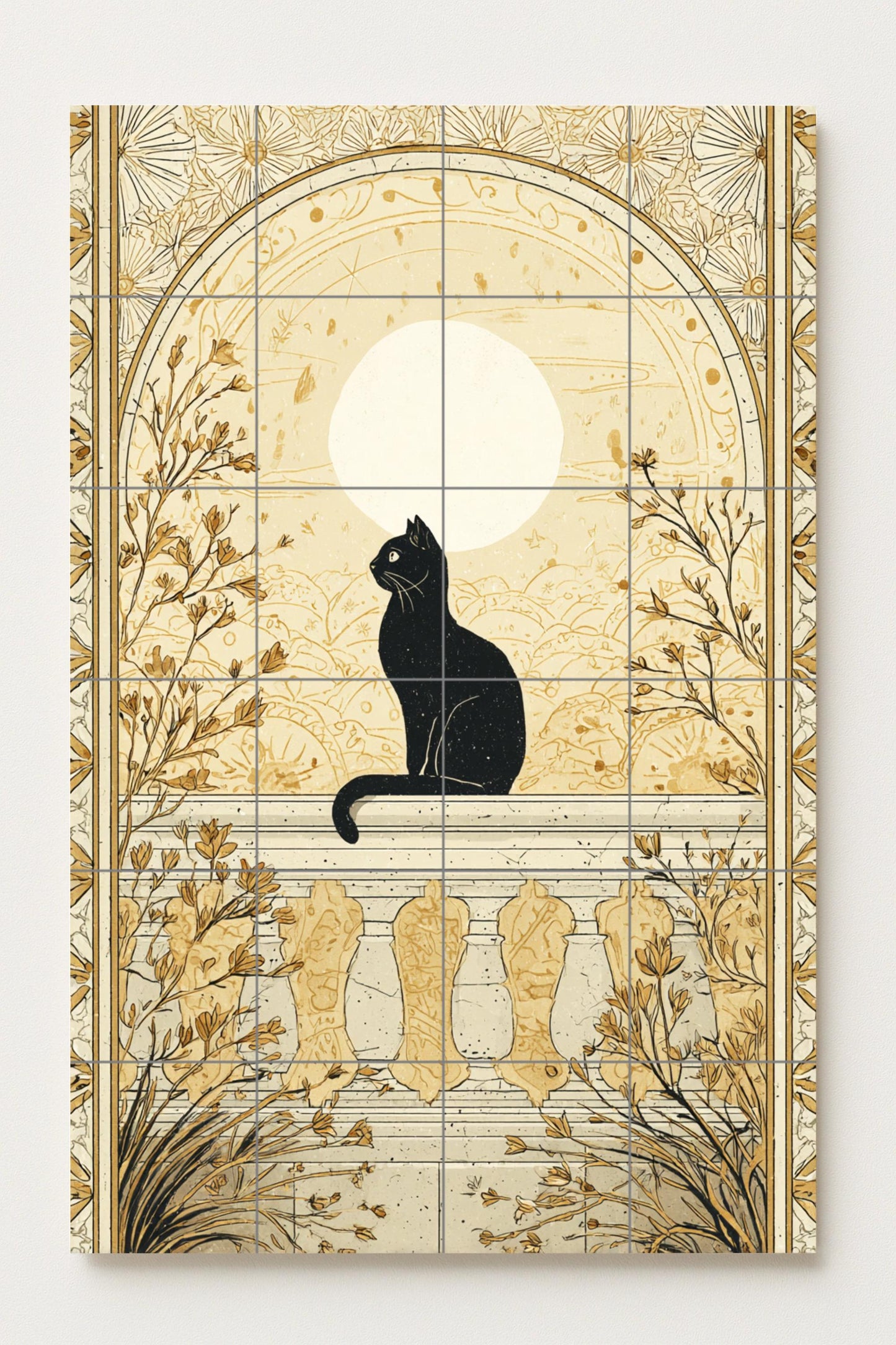 Black cat under the golden moon: elegant ceramic mural depicting night serenity, Art Nouveau balcony scene, botanical illustration, dreamlike mural art.