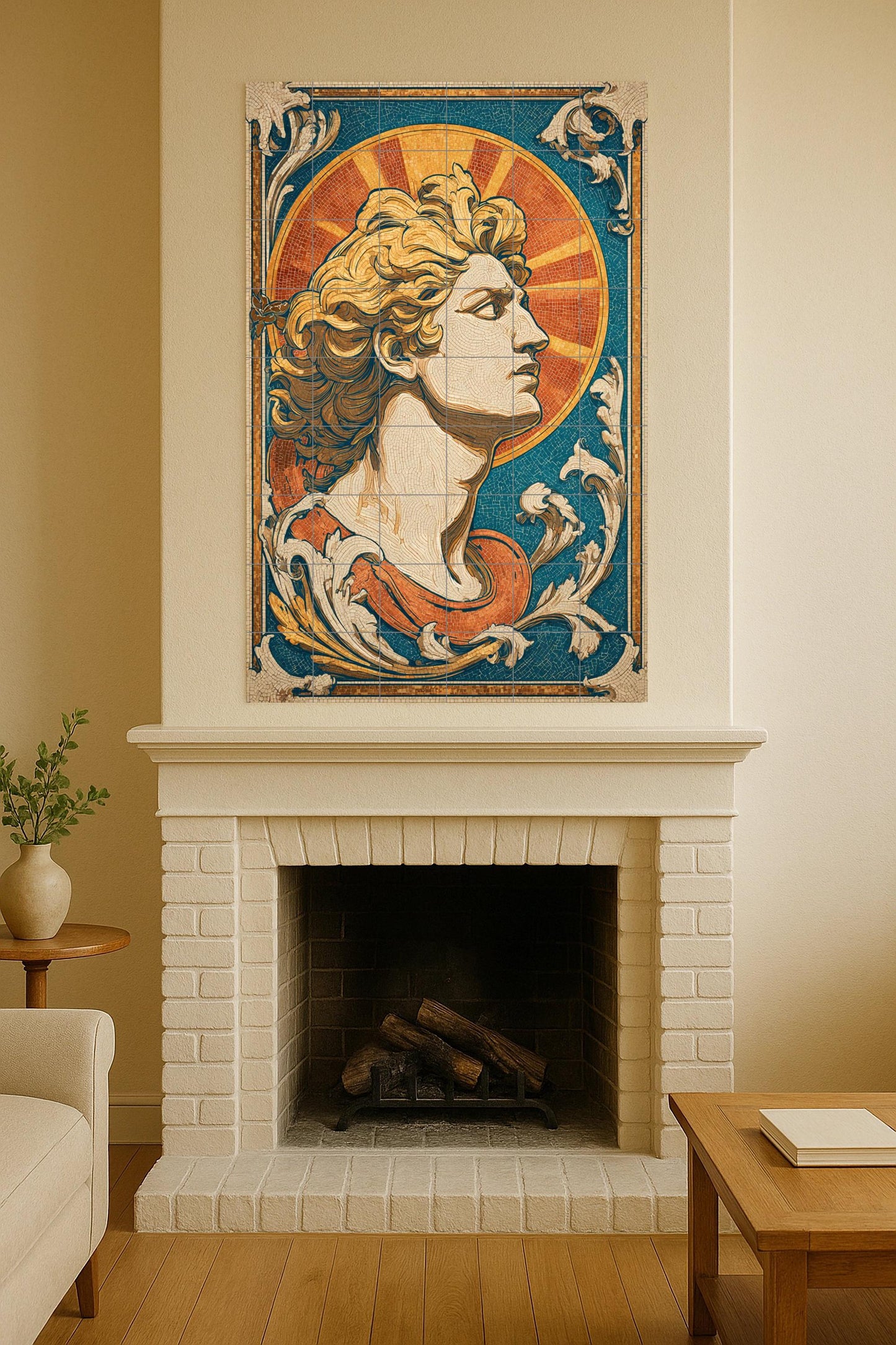 Helios – Ceramic mural with male Art Nouveau portrait, European modernist style golden sun mosaic with radiant ornament.