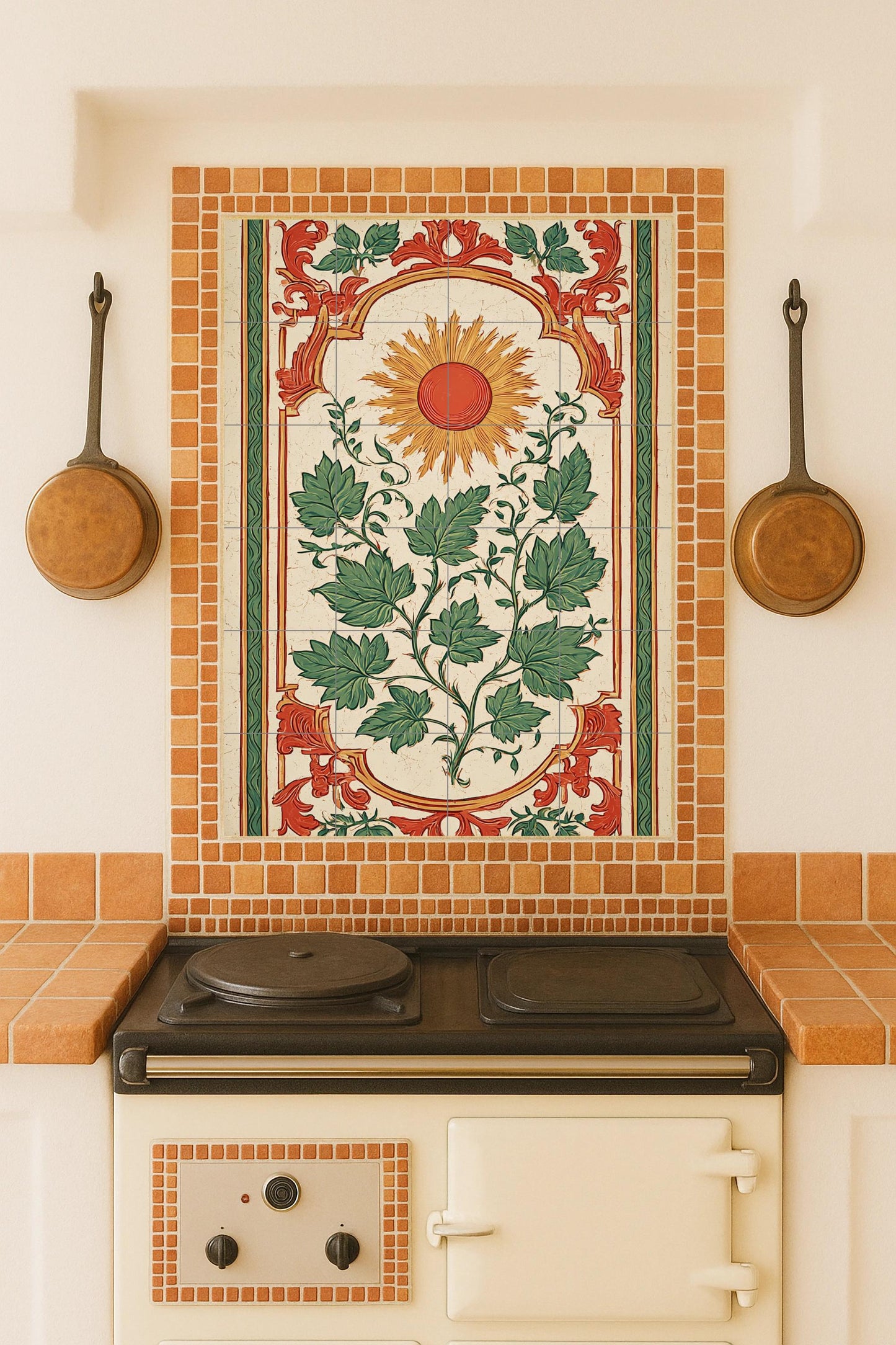 Solar ornament: Modernist ceramic mural with solar motif and green foliage, Catalan Renaissance tile artwork in harmony between red, gold and green.