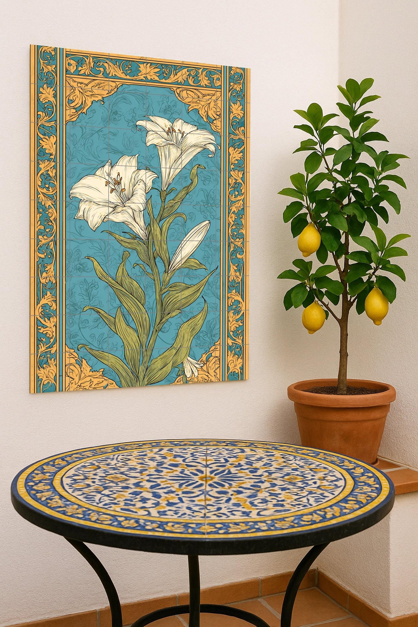 Lilium de Barcelona – Modernist ceramic mural with gold ornament and turquoise background, floral composition of Catalan modernist tiles.