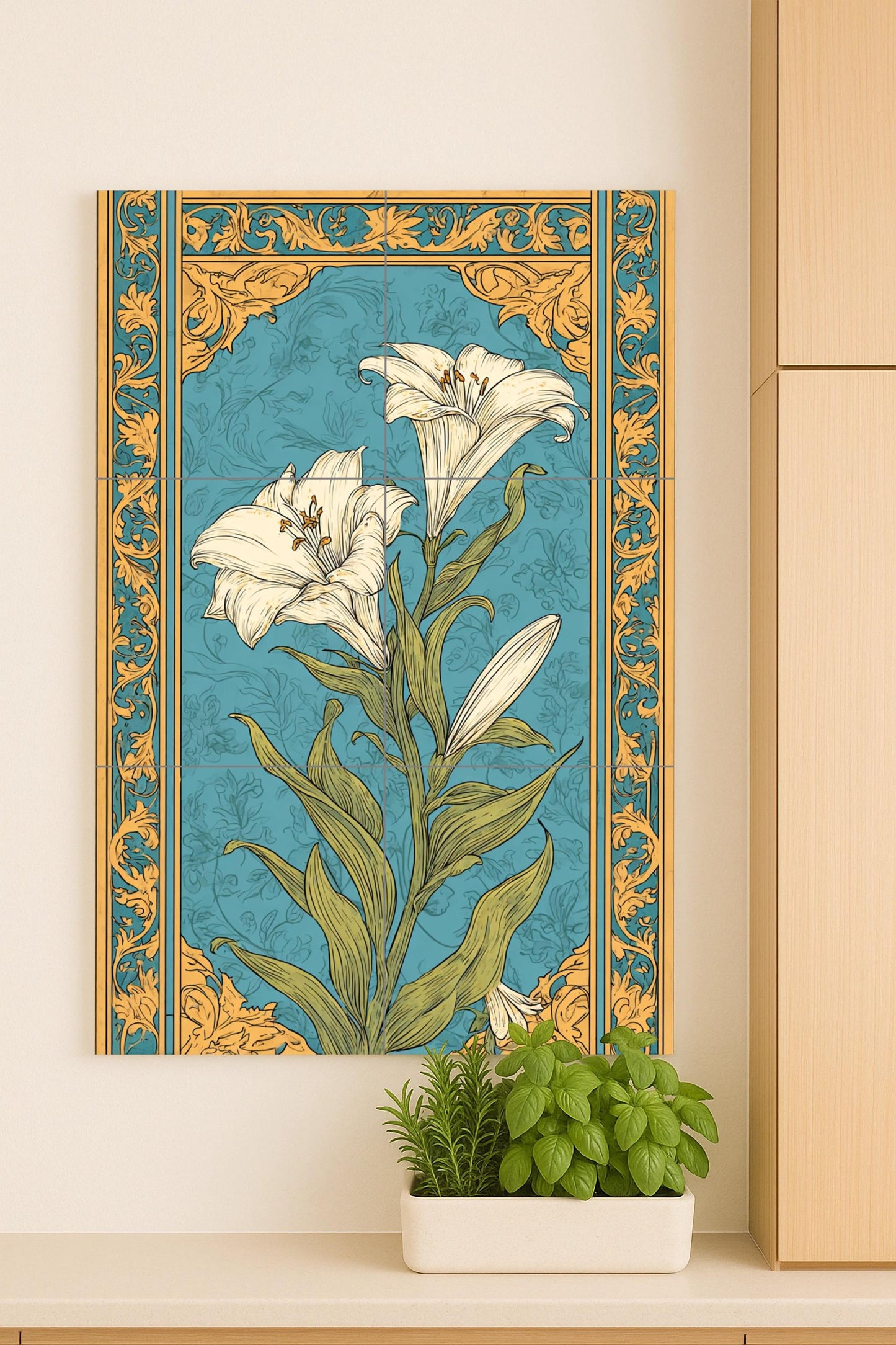 Lilium de Barcelona – Modernist ceramic mural with gold ornament and turquoise background, floral composition of Catalan modernist tiles.