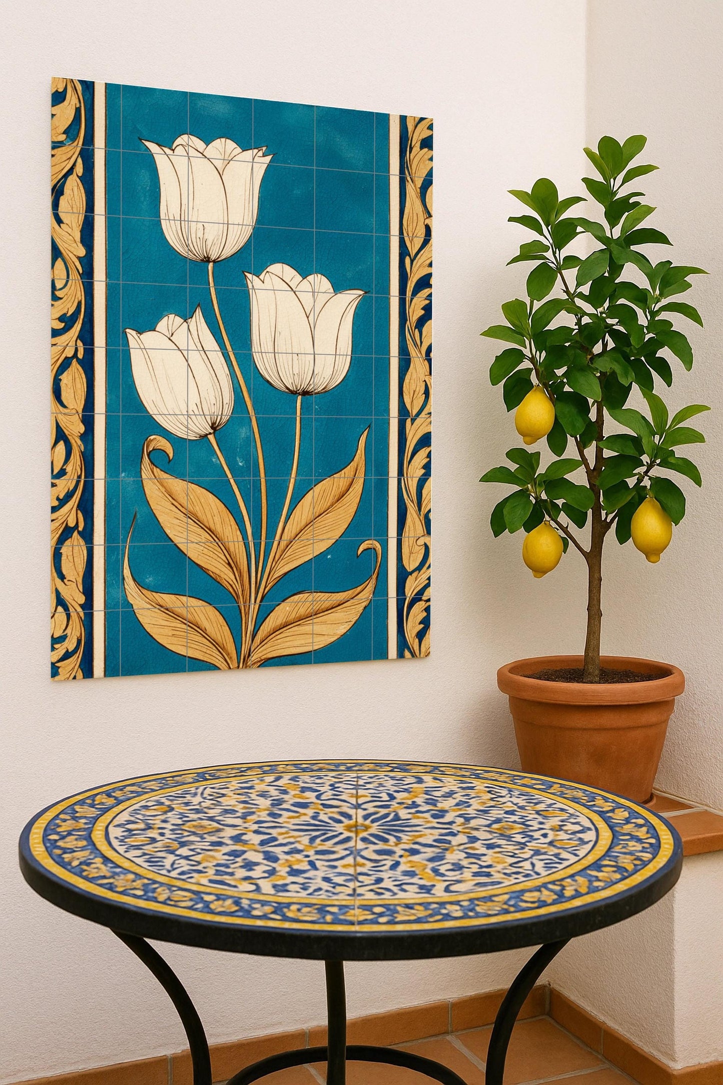 Harmony of Golden Tulips: Ceramic mural with Aegean blue glaze, stylized floral artwork on tiles with elegant classical ornamentation.