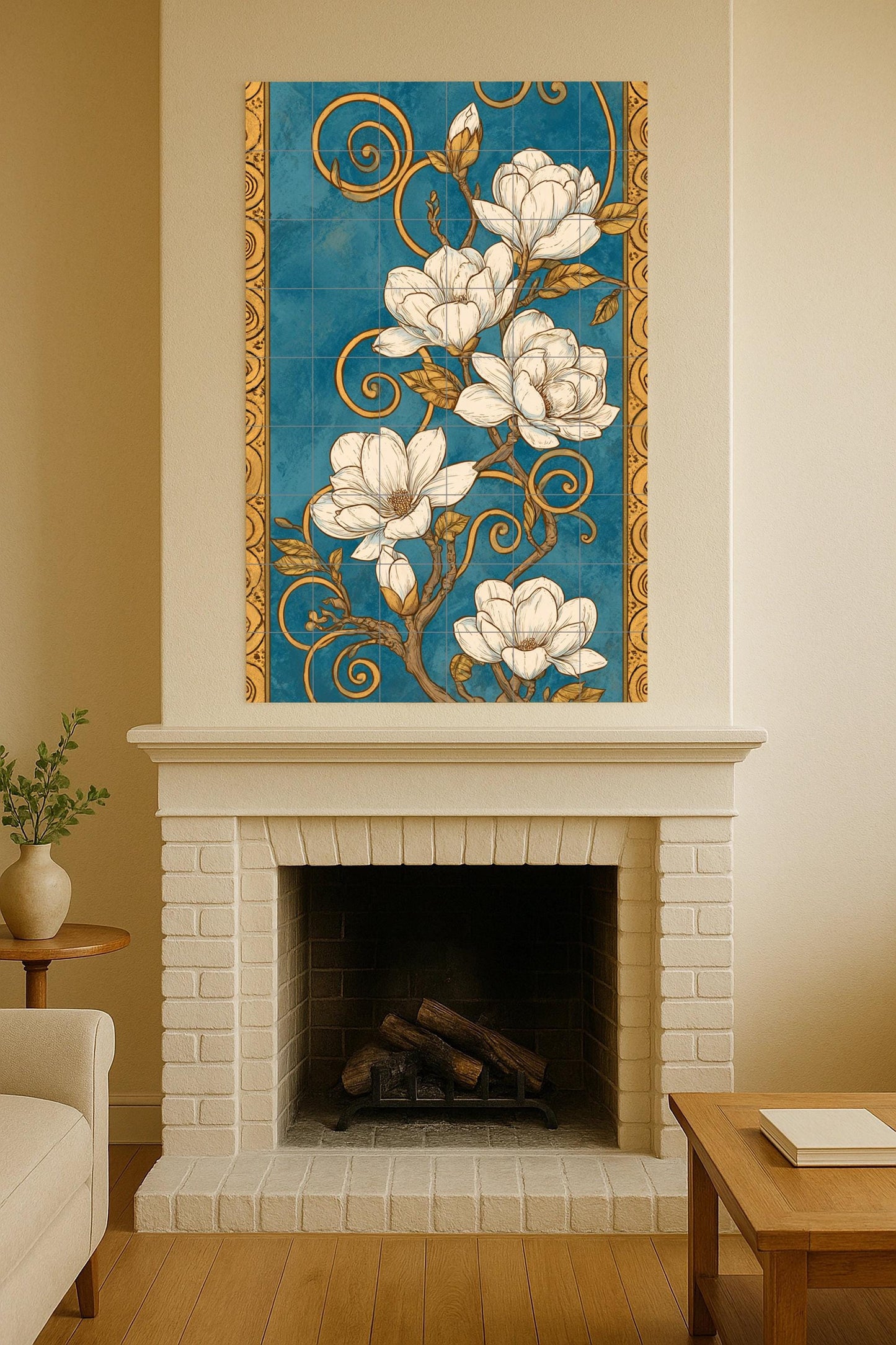 Reverence to the Magnolia: Art Nouveau ceramic mural in cobalt and gold, ornamental botanical composition with flowering lines.