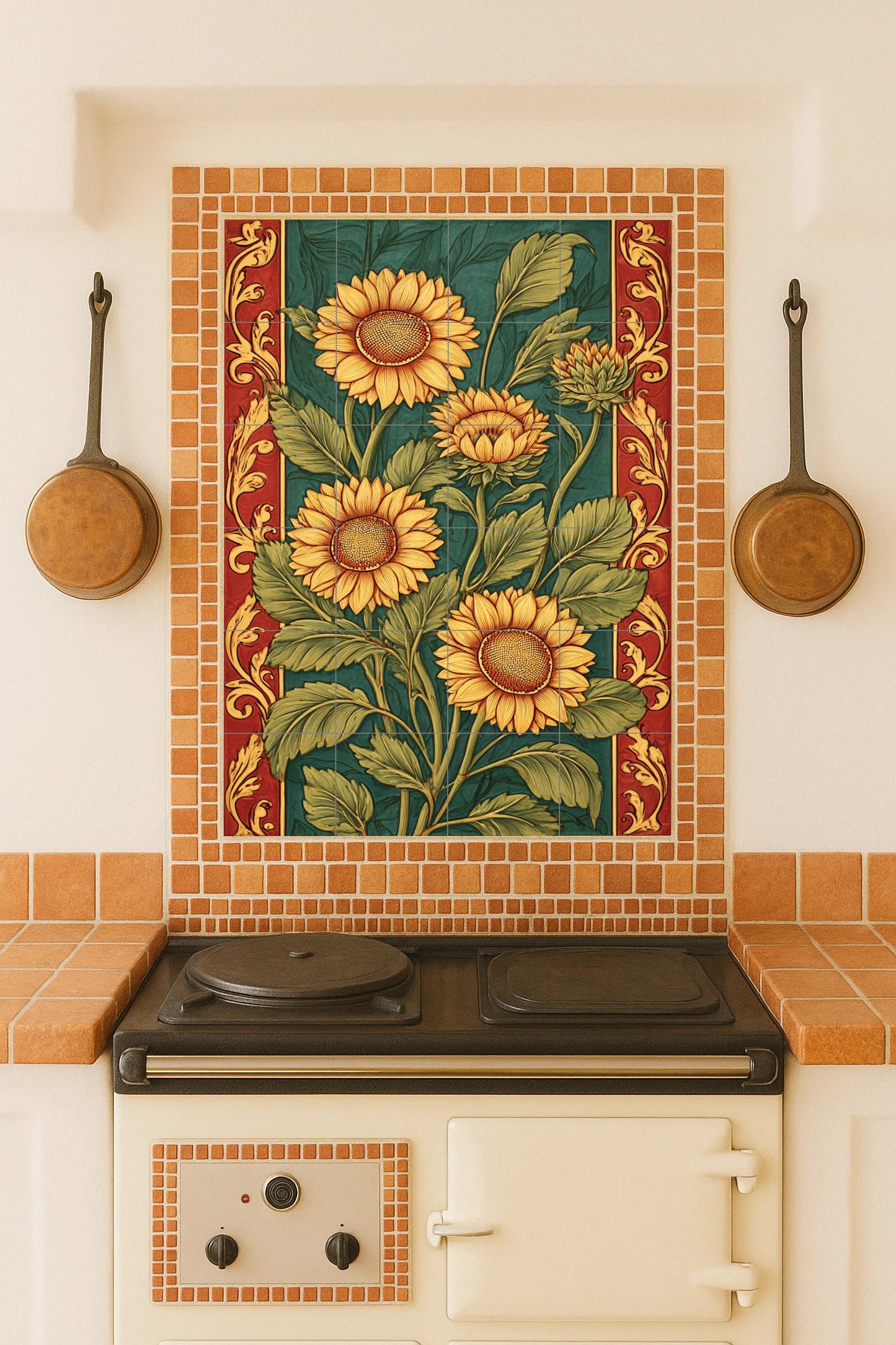 Symphony of Golden Sunflowers: Ornamental ceramic mural with green leaves and crimson details, composition of handcrafted flowering tile wall.