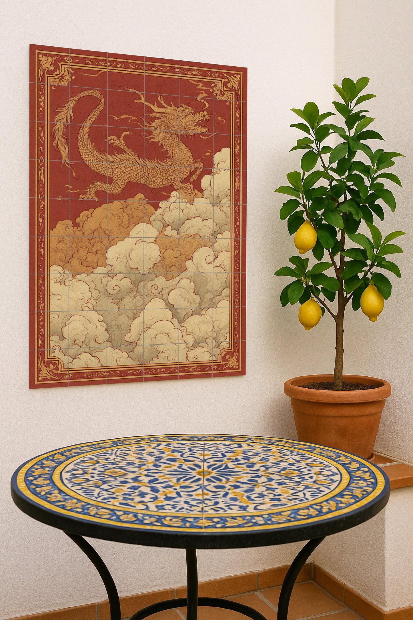 Ascent of the Crimson Dragon: Mythical ceramic mural in gold and red, composition of celestial tiles with ornamental clouds and majestic details.