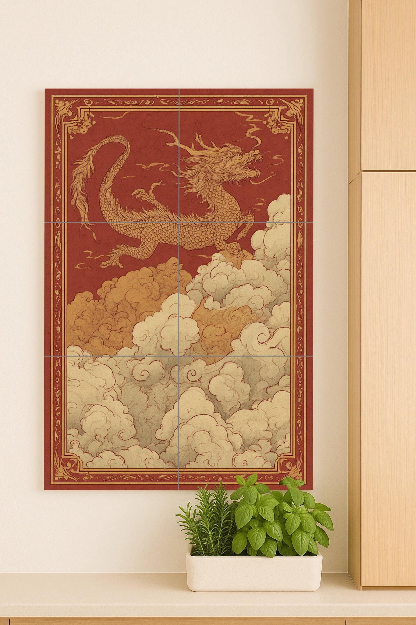 Ascent of the Crimson Dragon: Mythical ceramic mural in gold and red, composition of celestial tiles with ornamental clouds and majestic details.