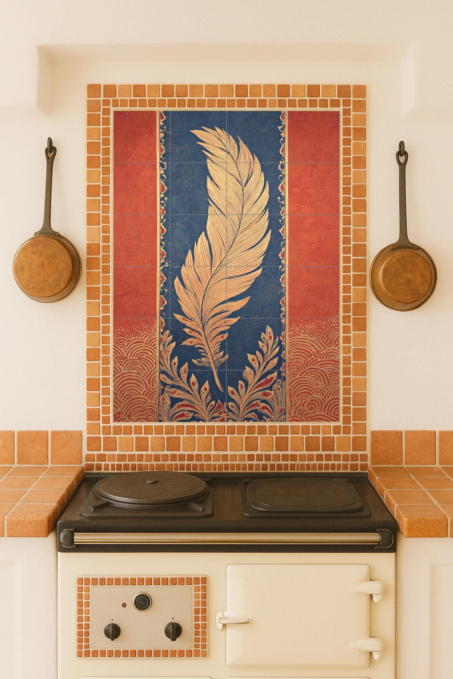 Golden Feather Elegy: Cerulean and vermilion ceramic mural, ornamental tile art with golden motifs, handcrafted decorative wall composition.