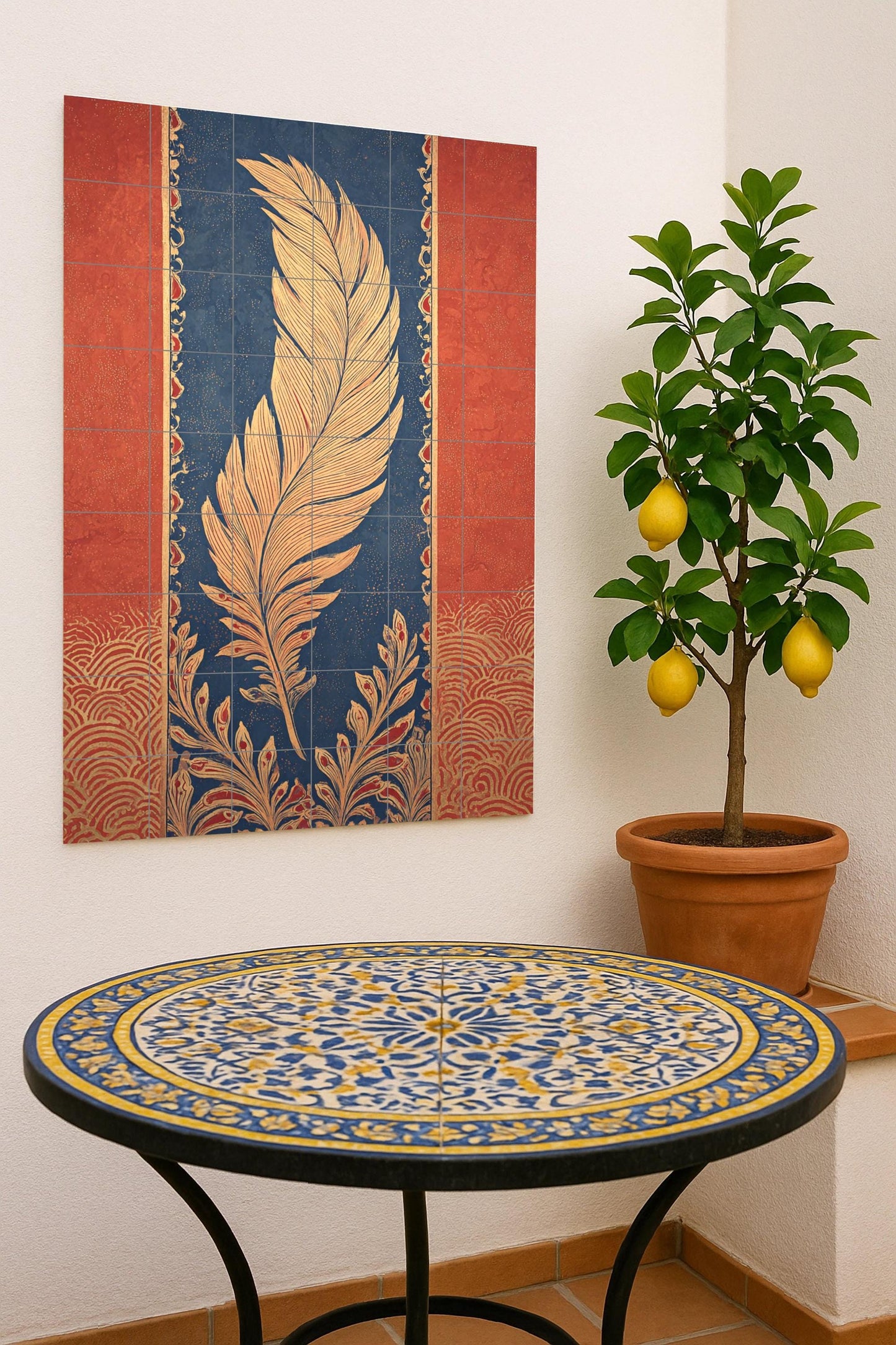 Golden Feather Elegy: Cerulean and vermilion ceramic mural, ornamental tile art with golden motifs, handcrafted decorative wall composition.