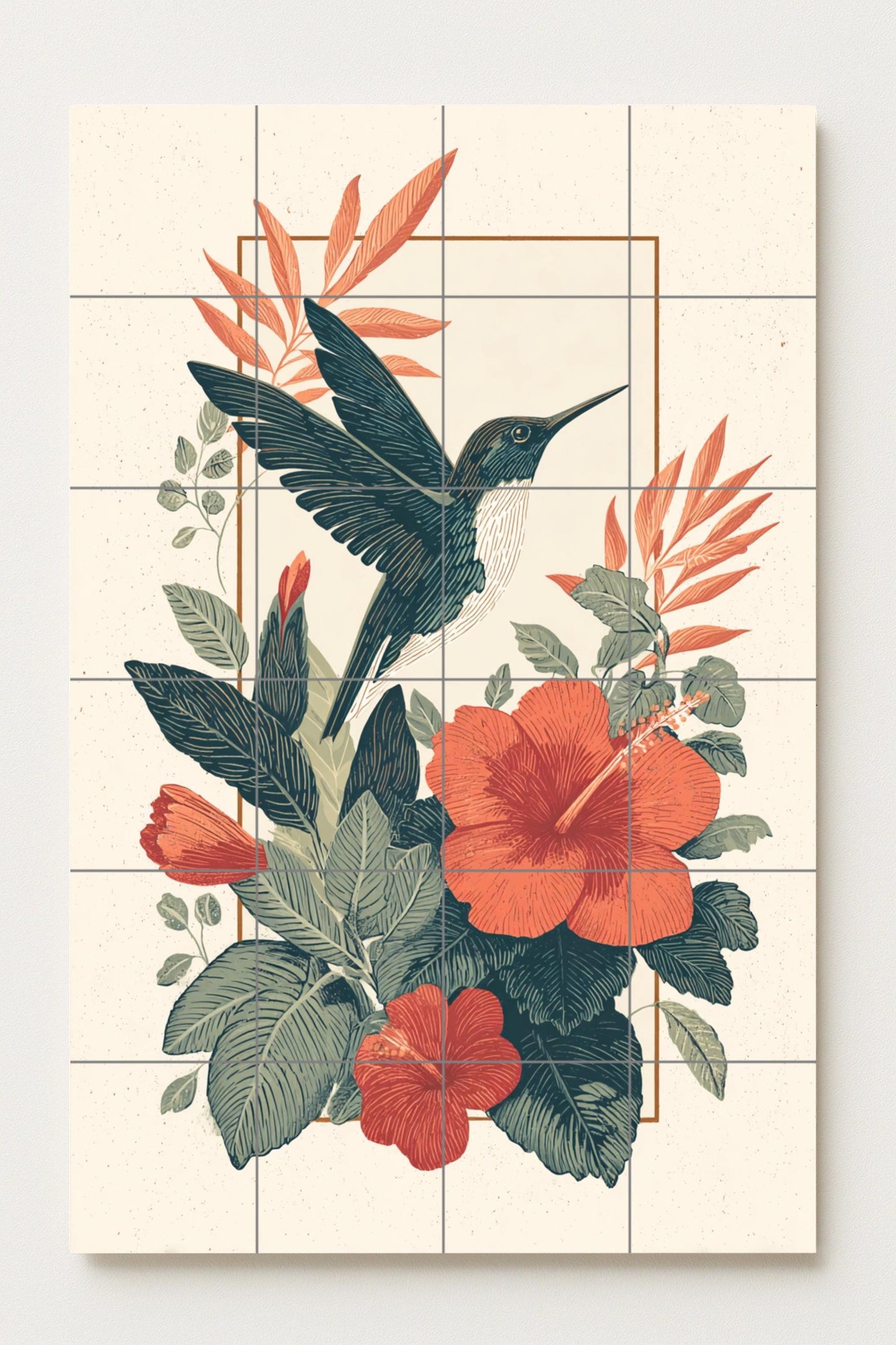 Hummingbird's Daydream: Botanical ceramic mural with scarlet hibiscus and tropical foliage, handcrafted tile composition with great detail.