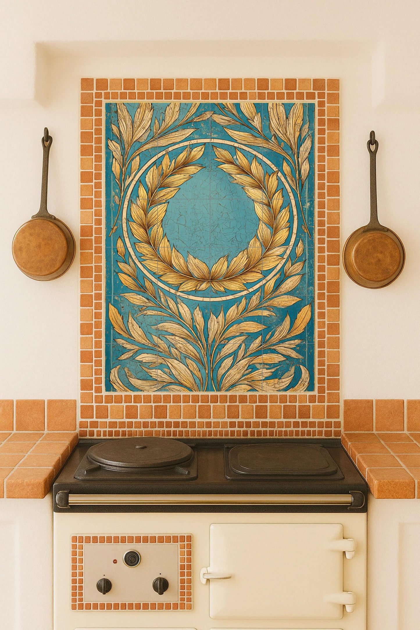 Golden Laurel Harmony: Turquoise ceramic wall art, classic botanical mural, handcrafted tile composition, Mediterranean ornament
