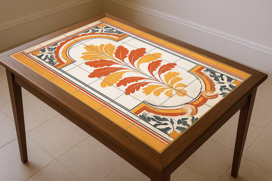 Madrid ornament: classic ceramic mural with golden symmetry, warm terracotta tones and refined architectural grace.