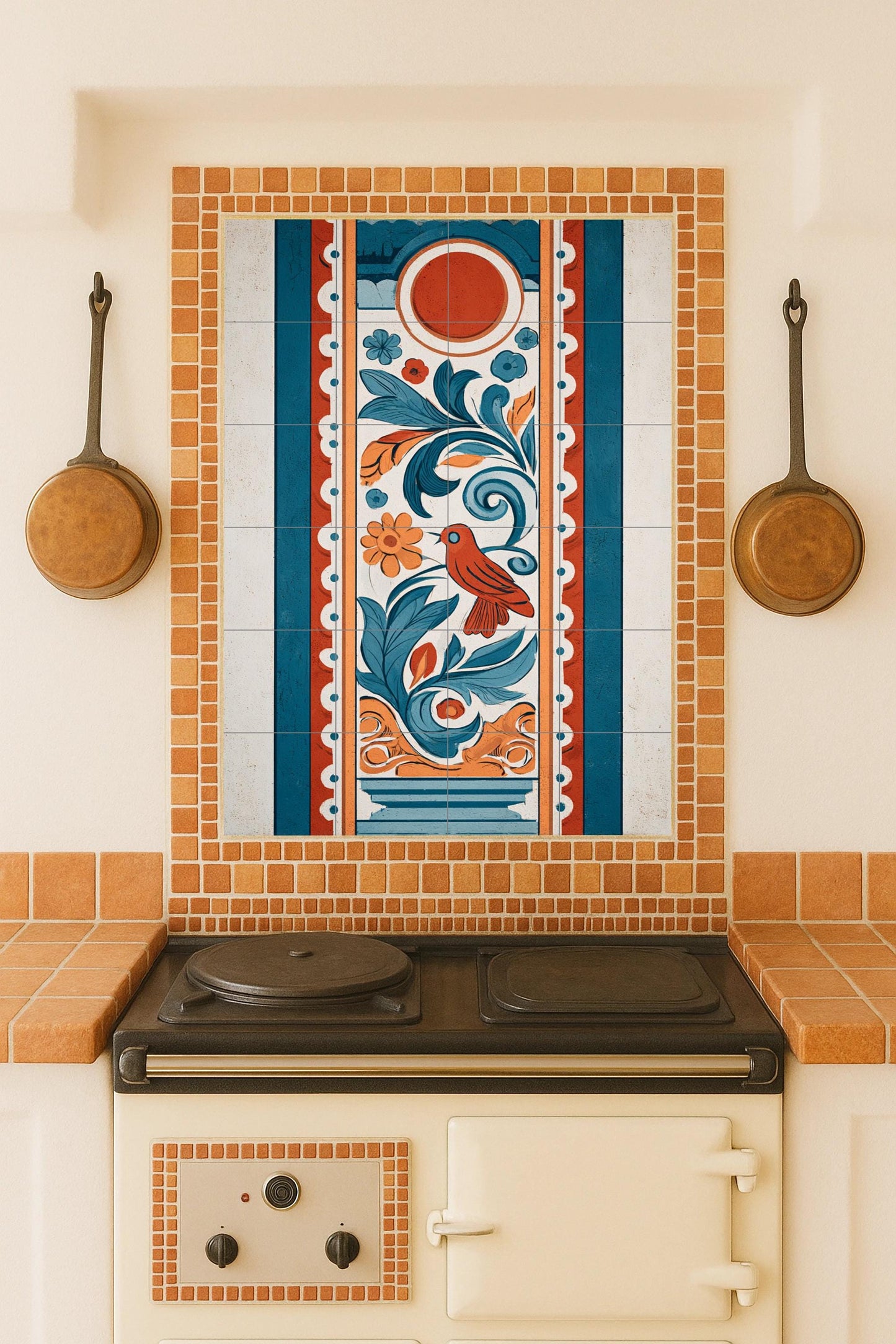 Ceramic mural from Cordoba: Tile art with red and blue birds, popular Mediterranean design, handcrafted mural design, timeless decorative composition.