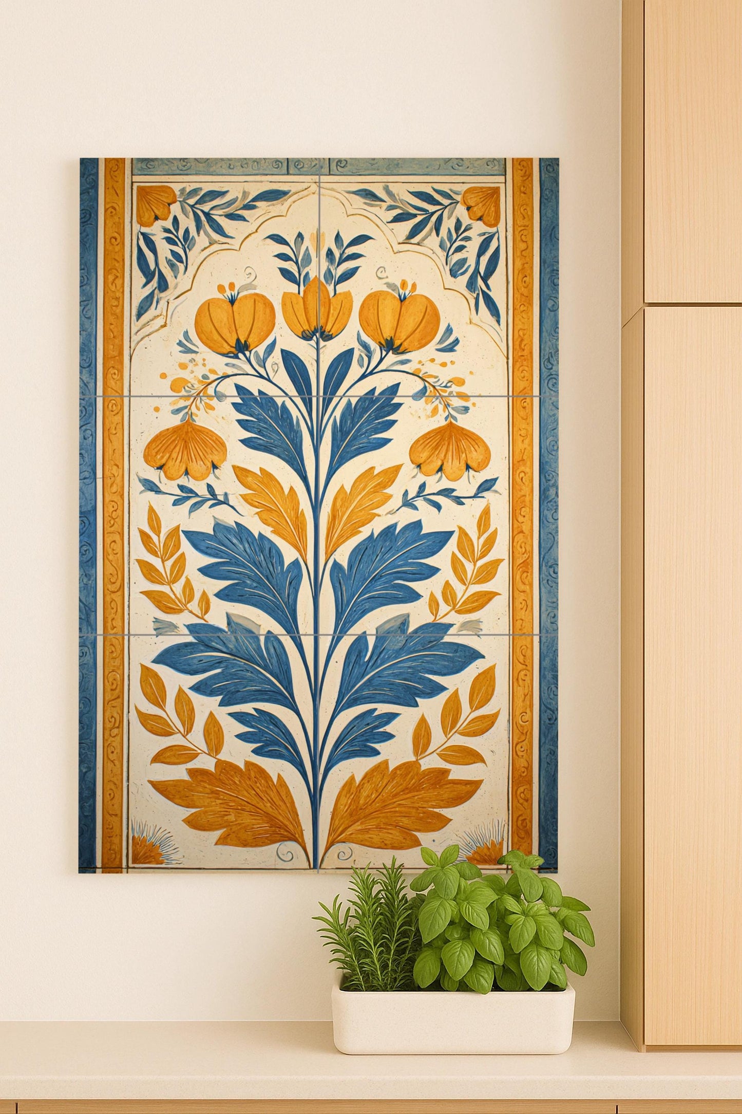 Ceramic mural from Bologna: Floral art in blue and ochre, Mediterranean botanical design, classic artisan style, elegant decoration.