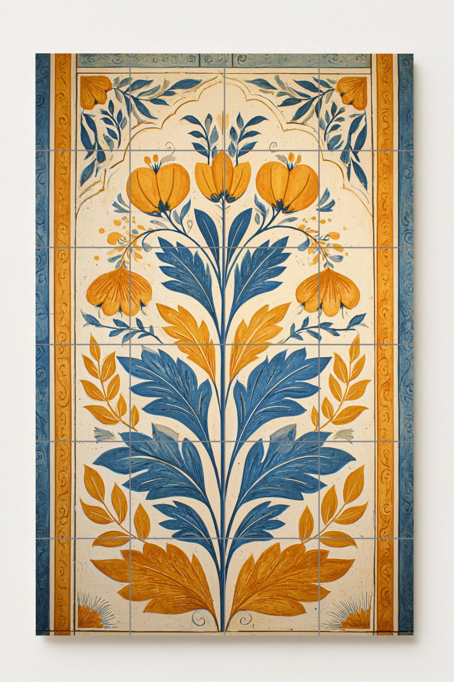 Ceramic mural from Bologna: Floral art in blue and ochre, Mediterranean botanical design, classic artisan style, elegant decoration.