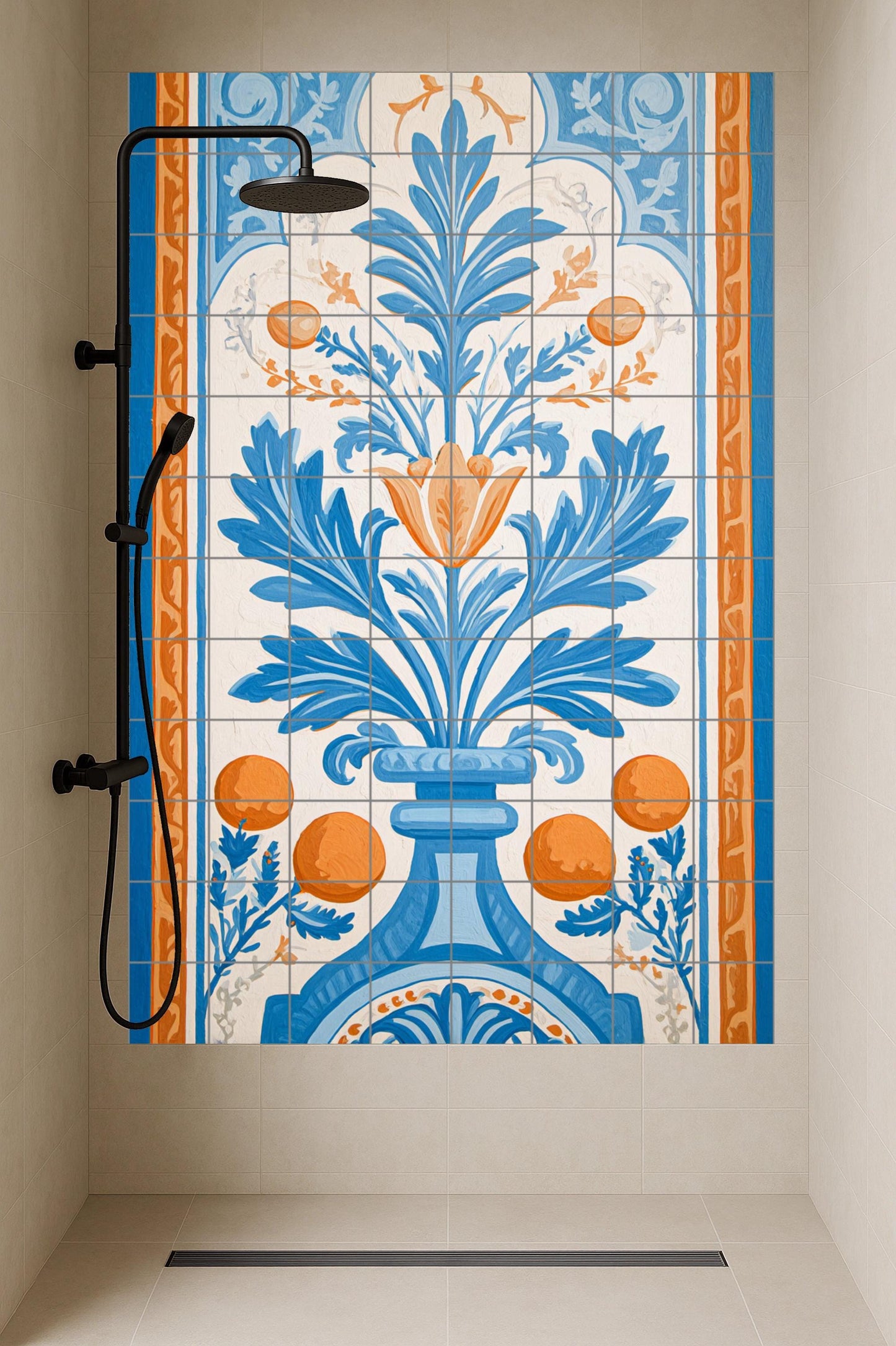 Ceramic mural from Marbella: Andalusian design in blue and orange, Mediterranean floral art, classic Spanish wall decoration