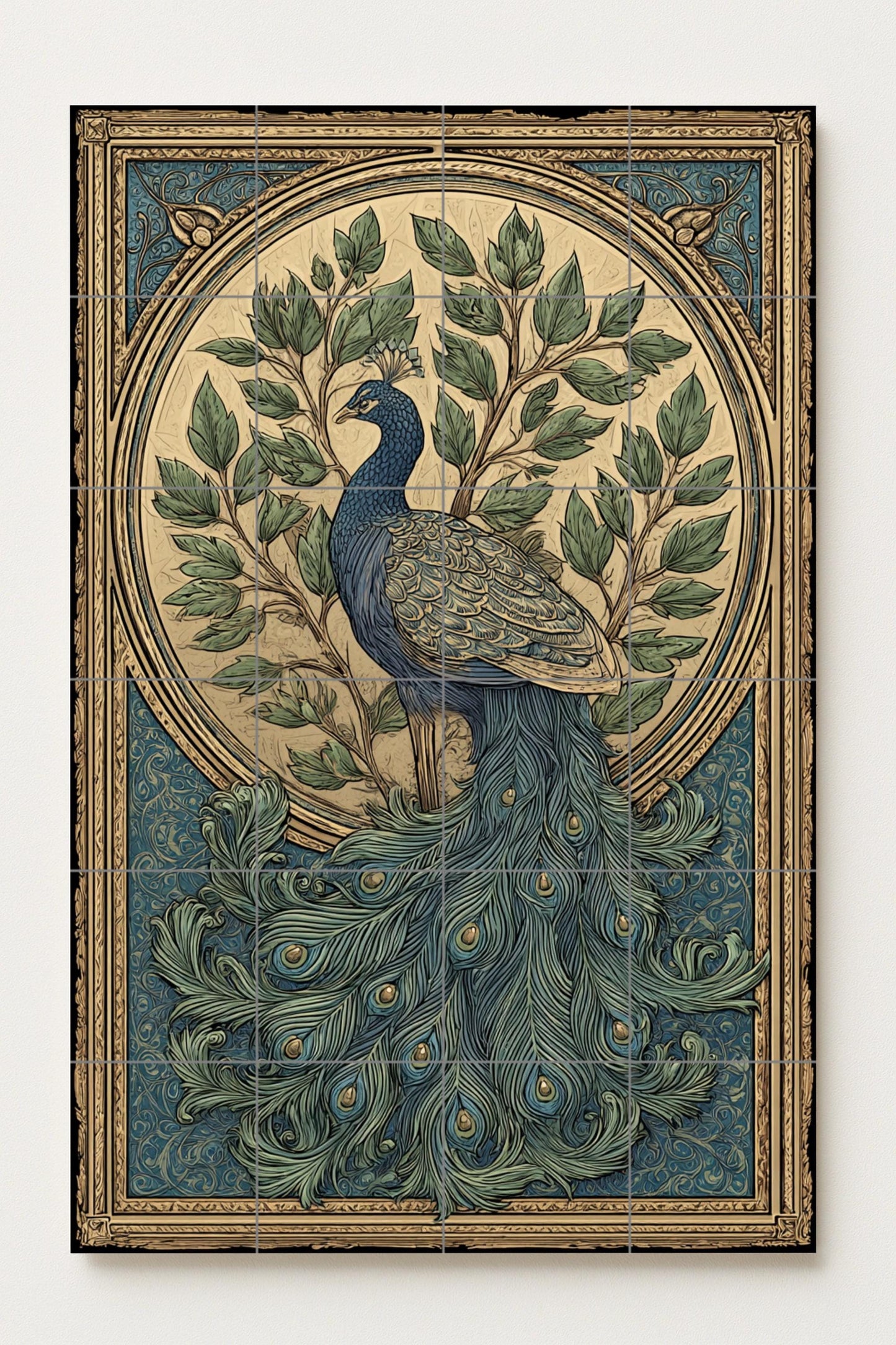 Ceramic mural "Splendor of the Peacock": ornamental bird design, Art Nouveau elegance, botanical composition, decorative work in blue and gold.
