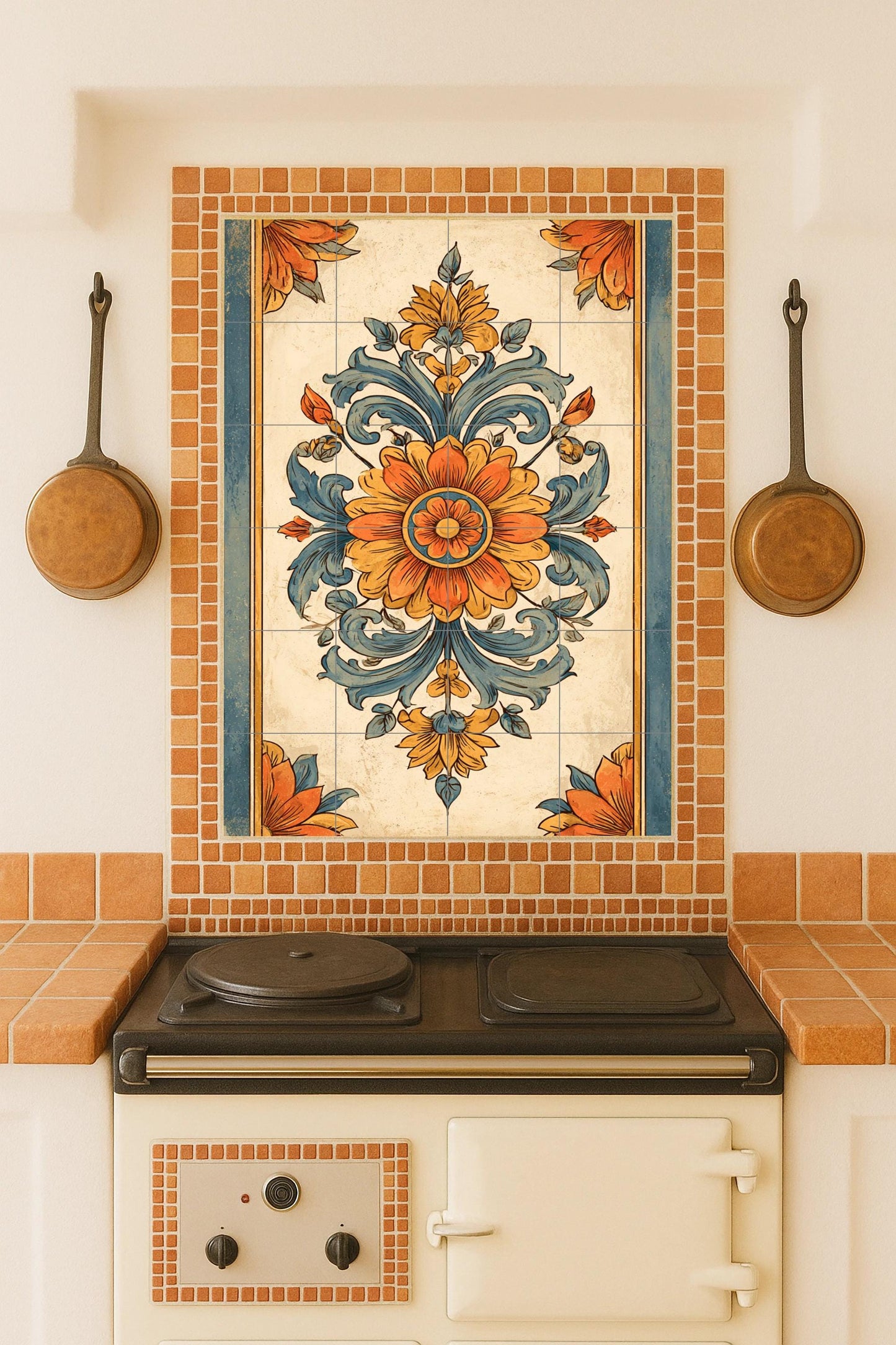 Ceramic mural from Milan: Baroque floral print, Italian ornamental art, golden terracotta design, vintage botanical composition for wall.