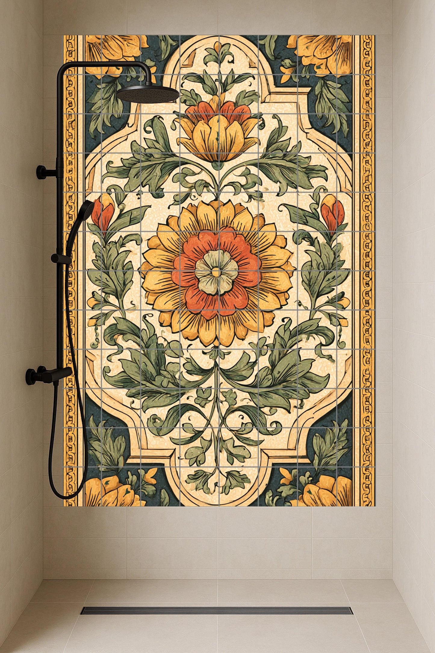 Florence ceramic mural: Renaissance floral design, ornamental botanical art, vintage Italian harmony, classic decorative wall piece.